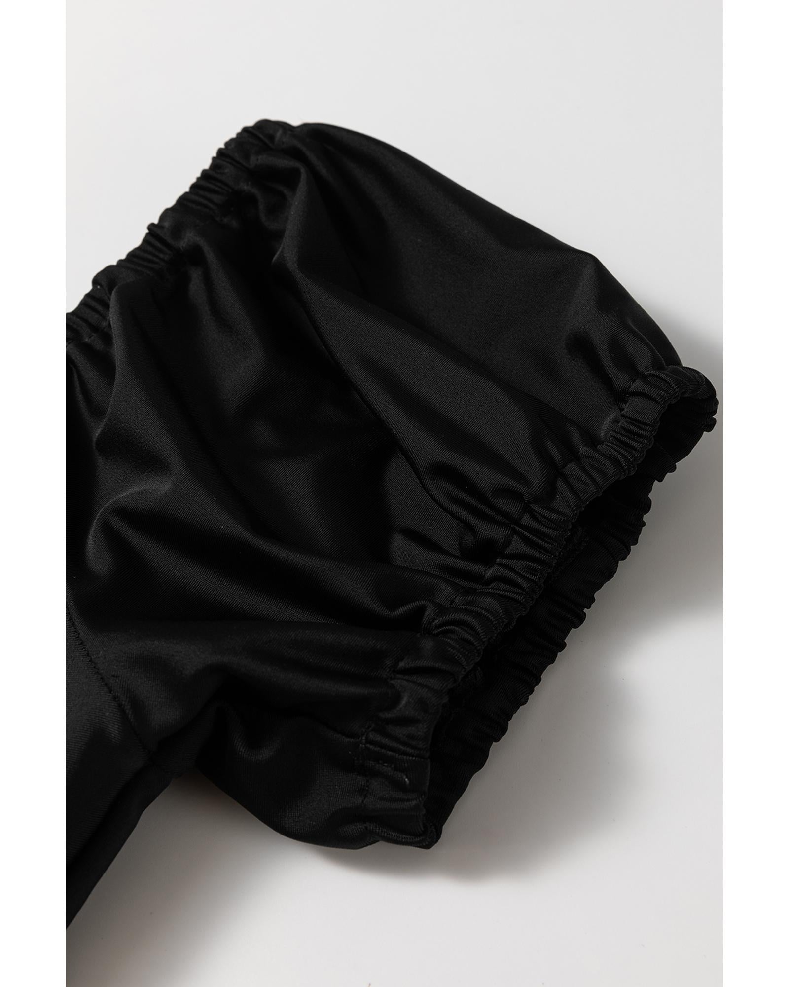 Black Elastic Neckline Short Sleeve One Piece Swimsuit - S