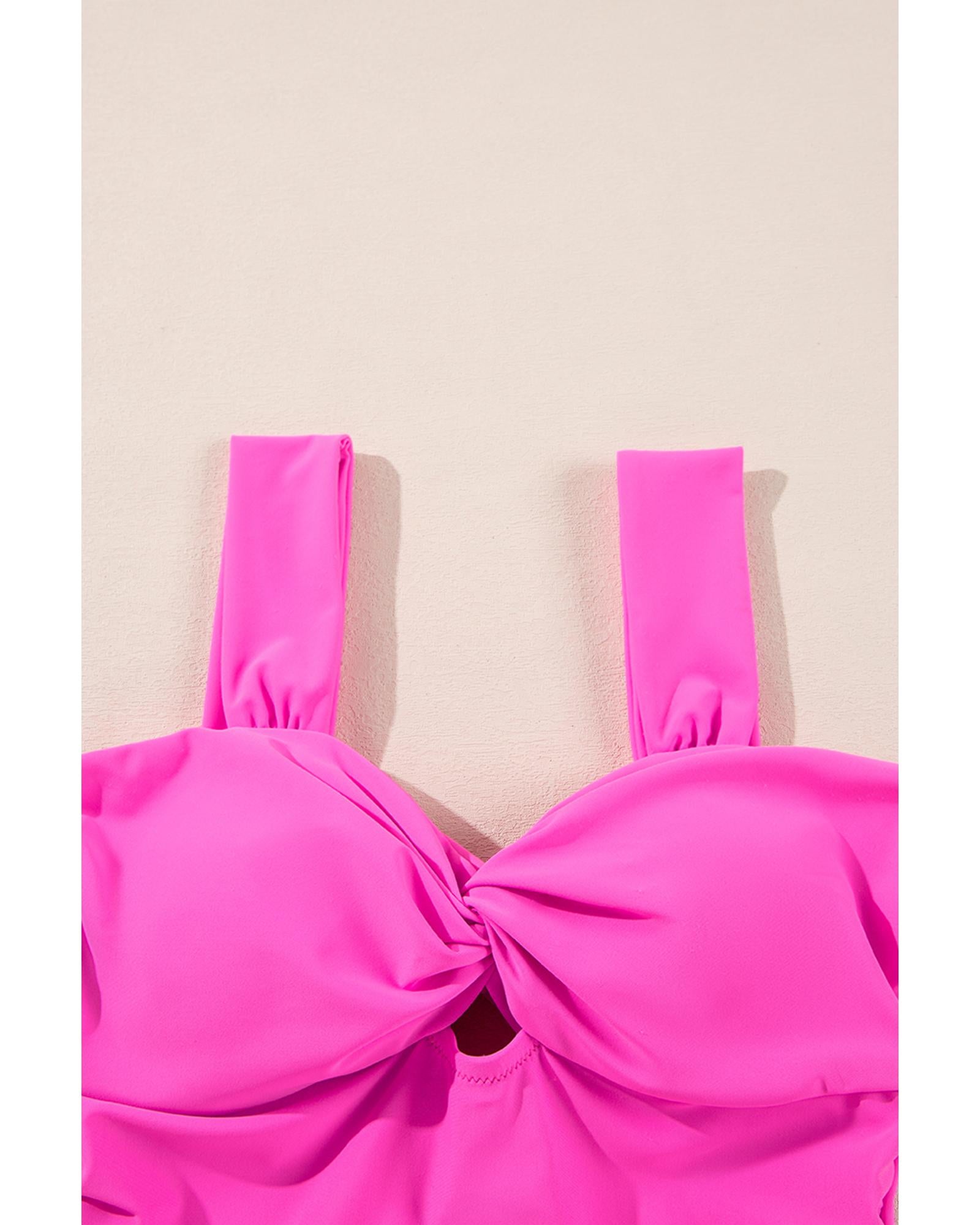 Bright Pink Cut out Twist Bowknot Backless One Piece Swimsuit - L