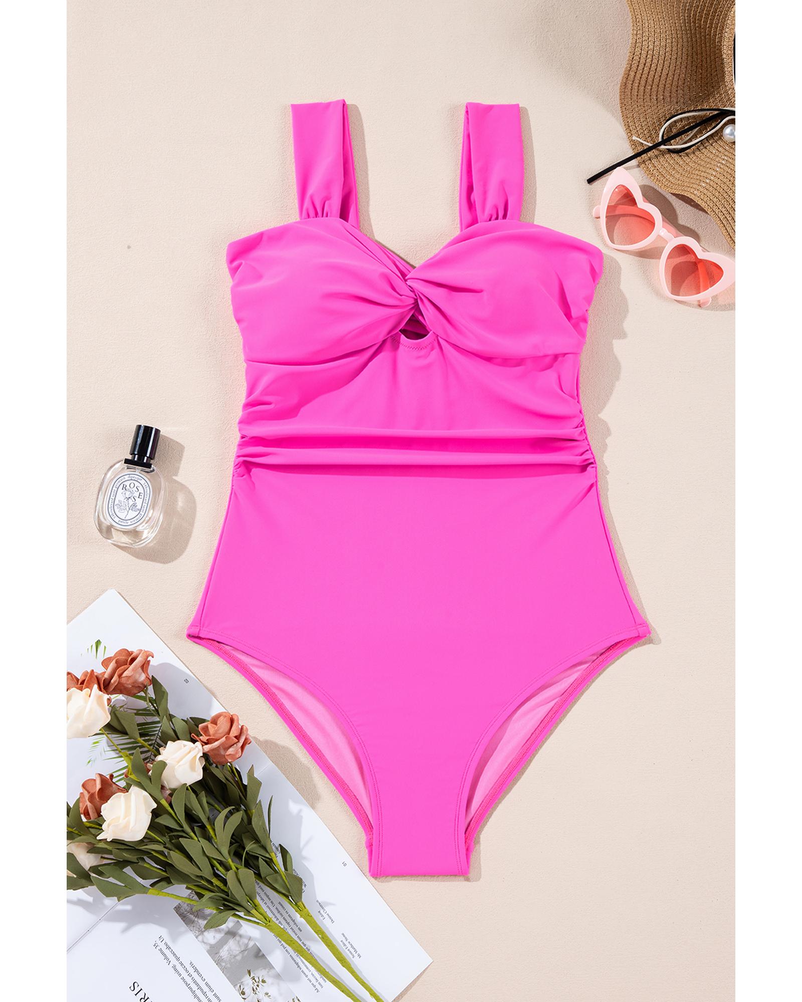 Bright Pink Cut out Twist Bowknot Backless One Piece Swimsuit - XL