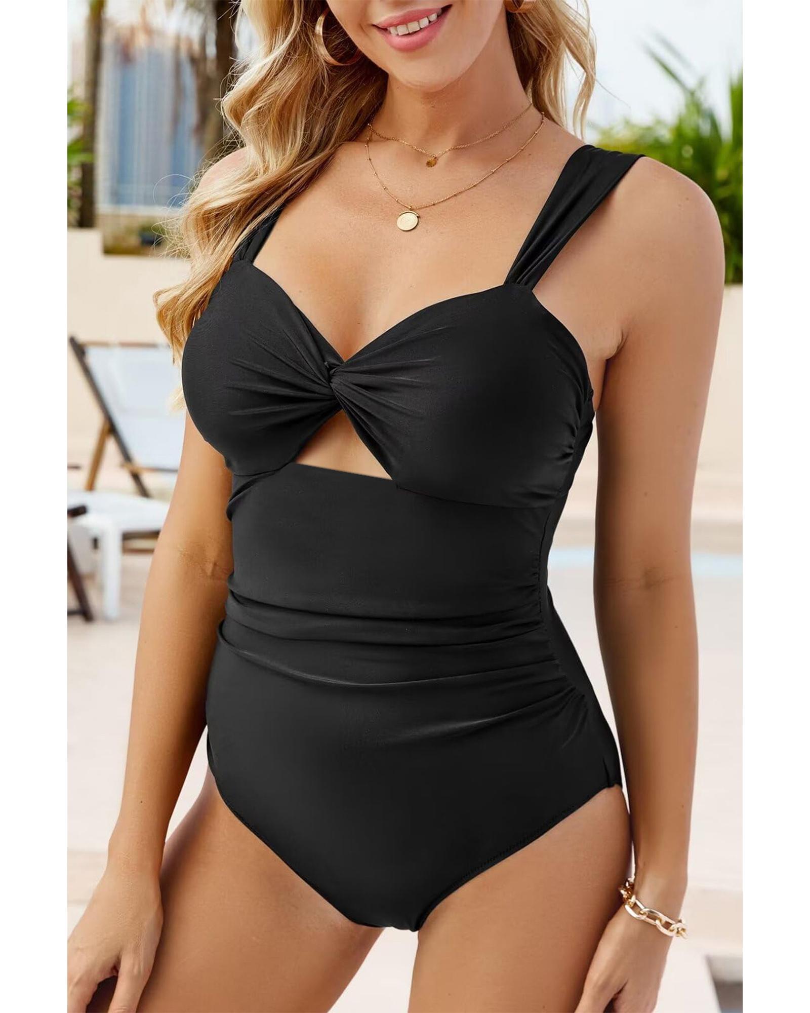 Black Cut out Twist Bowknot Backless One Piece Swimsuit - S