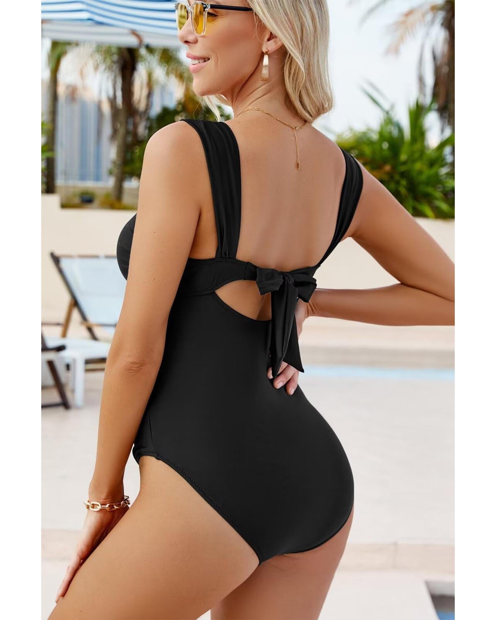 Black Cut out Twist Bowknot Backless One Piece Swimsuit - S