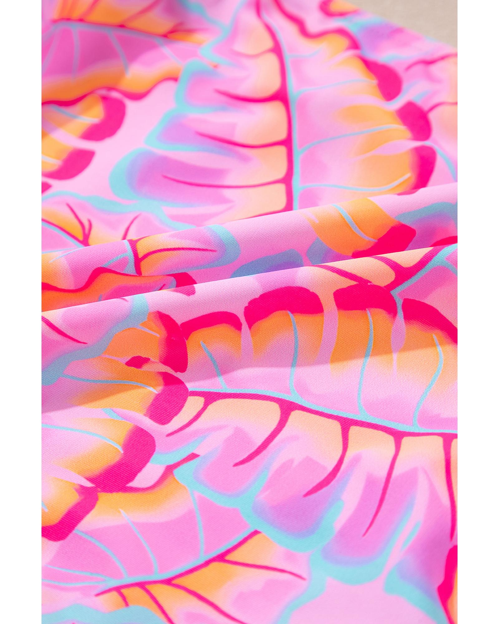 Rose O-ring Joint Leafy Print High Waist Monokini - M