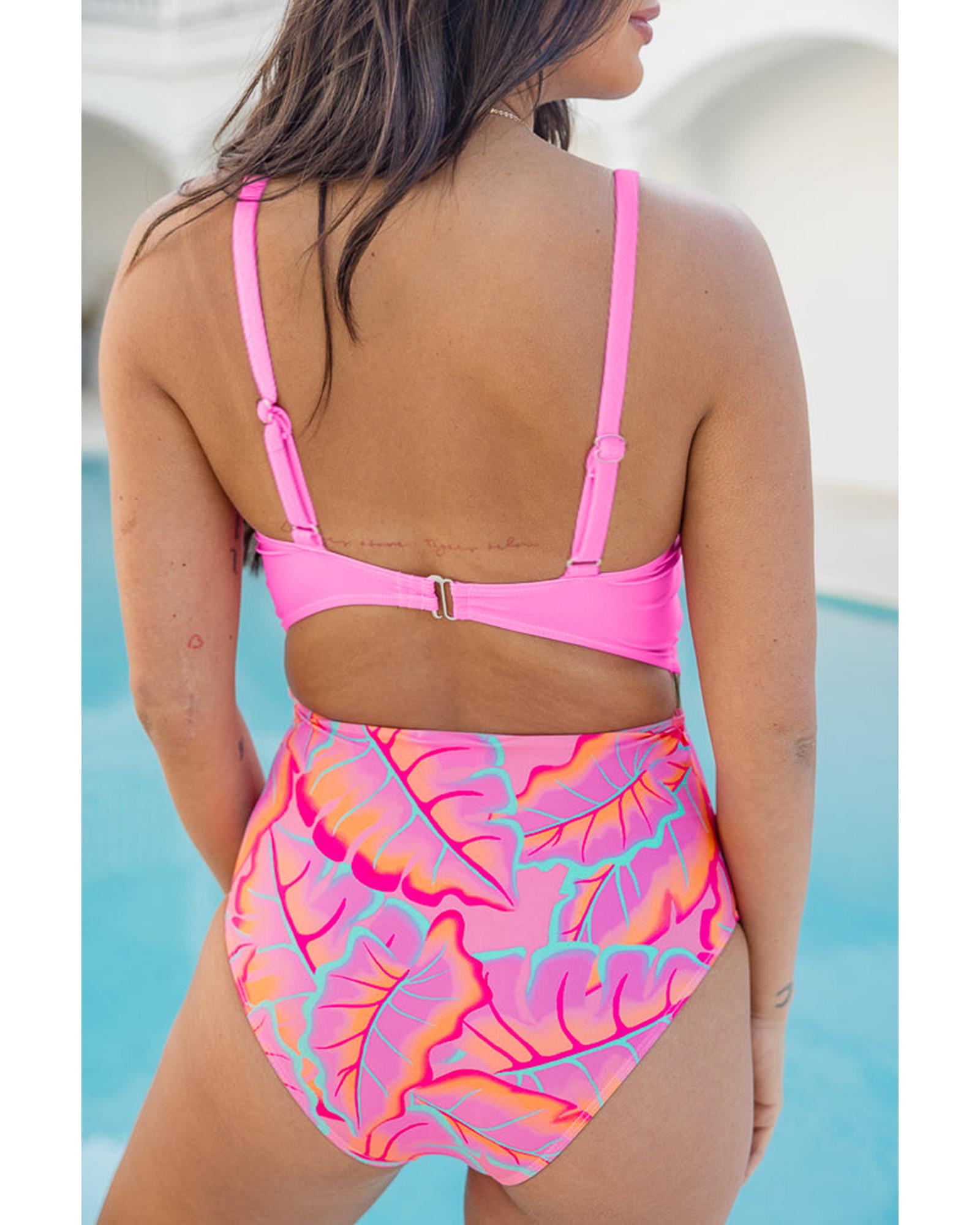 Rose O-ring Joint Leafy Print High Waist Monokini - S