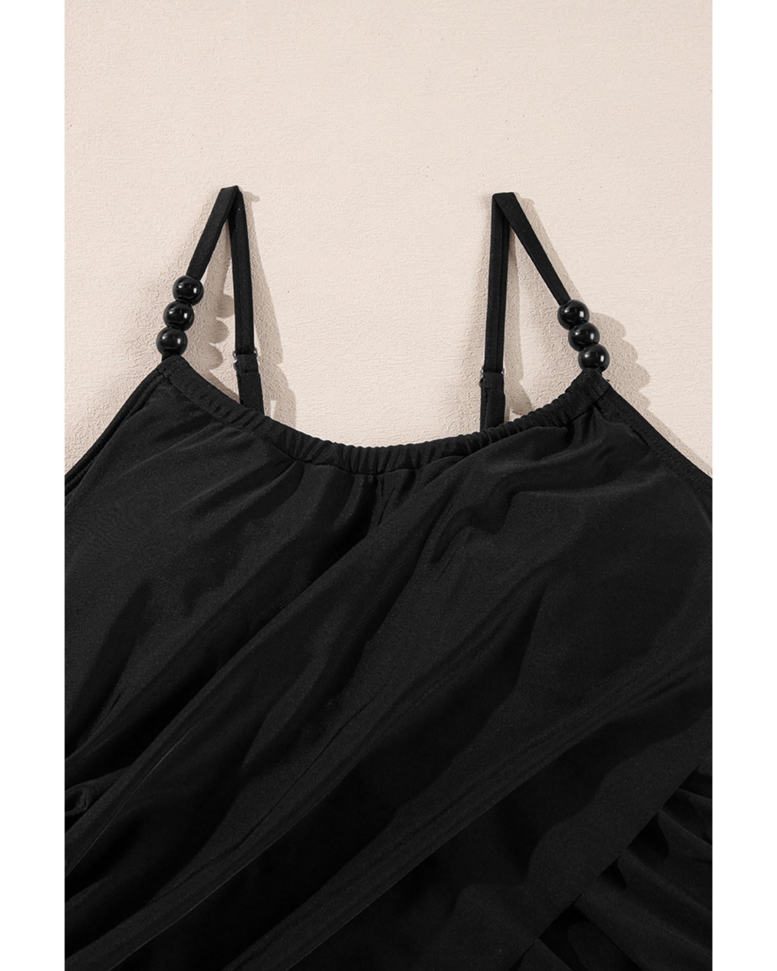Black Beaded Spaghetti Straps Ruched Overlapped Colorblock One Piece Swimsuit - L