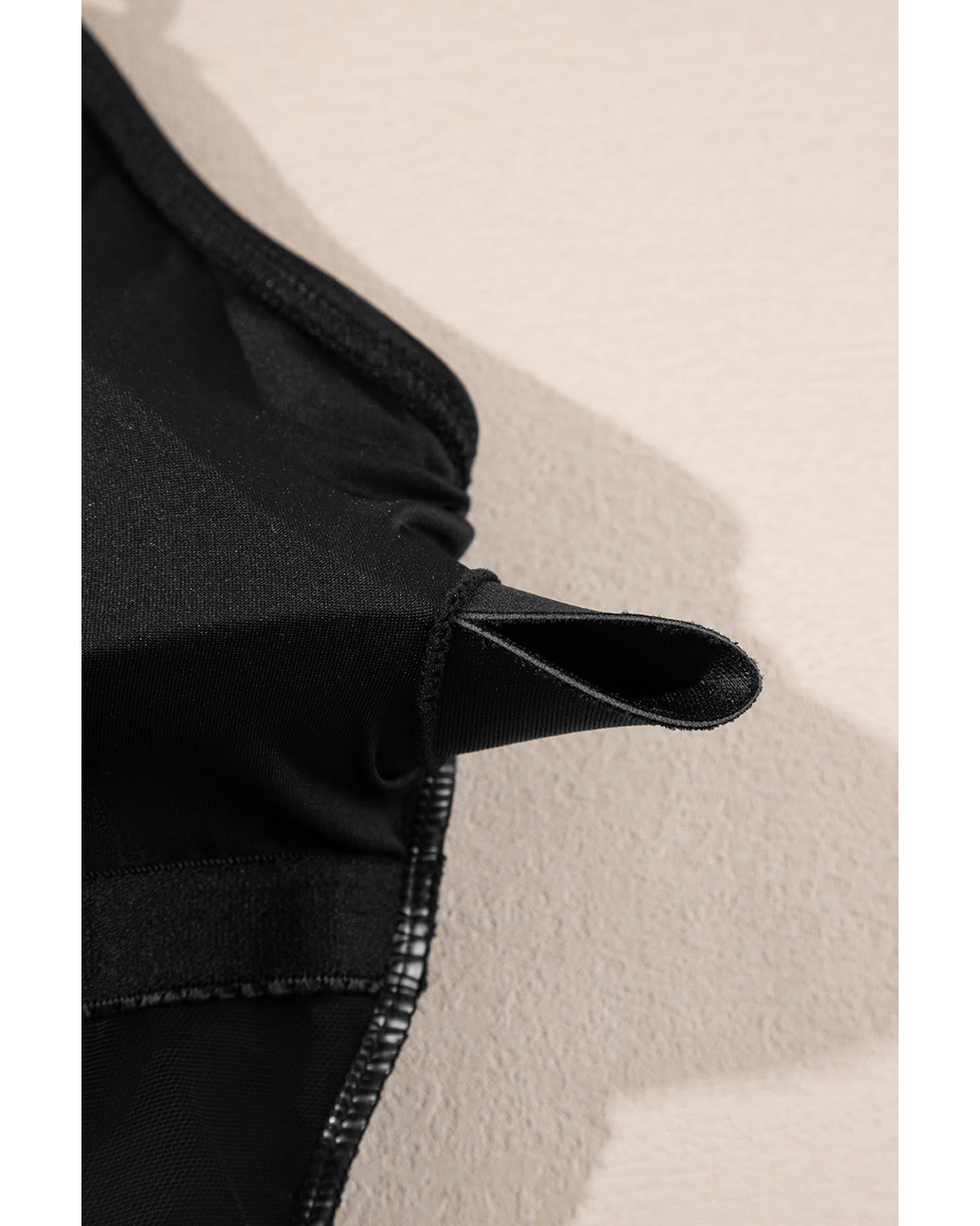 Black Beaded Spaghetti Straps Ruched Overlapped Colorblock One Piece Swimsuit - L