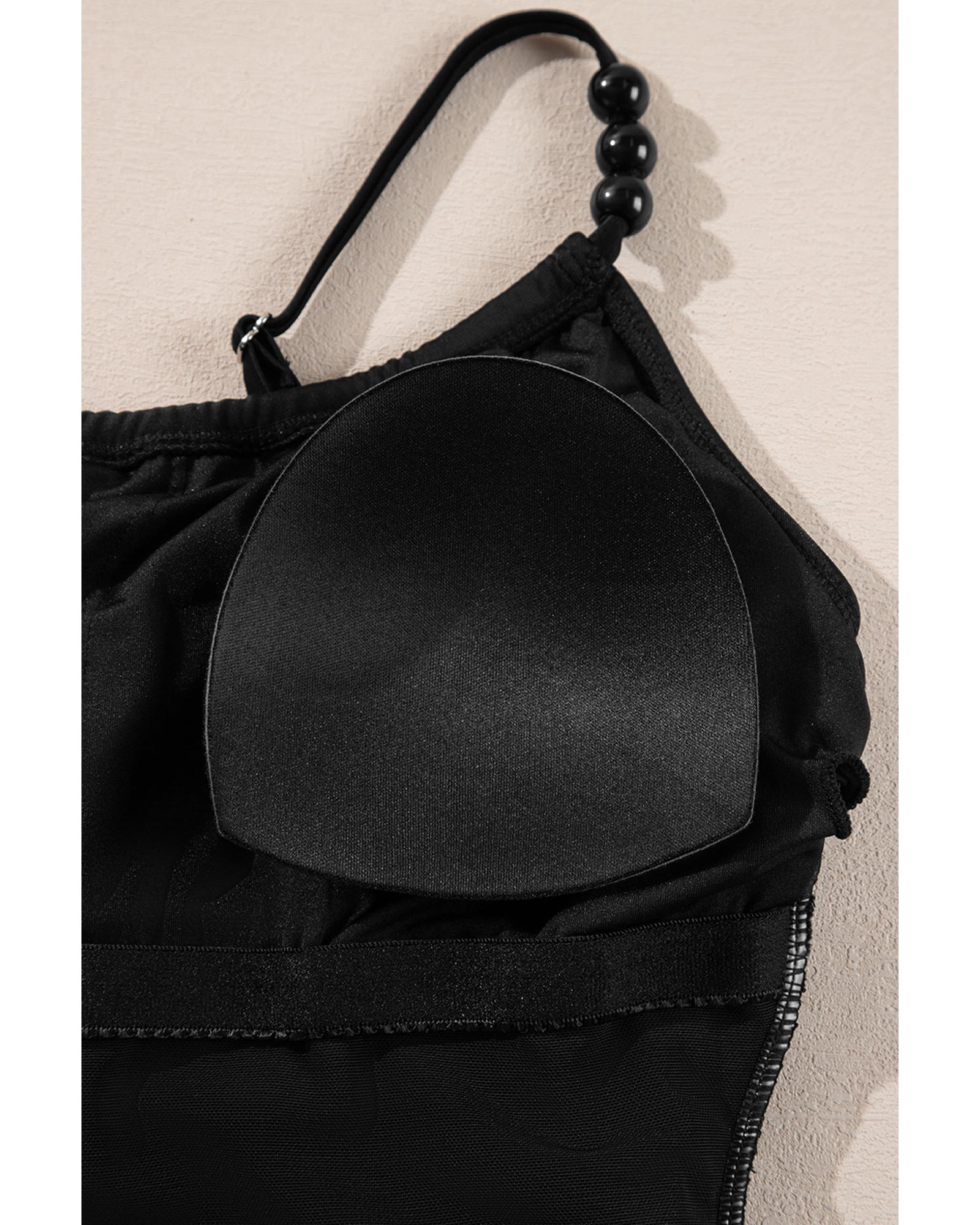 Black Beaded Spaghetti Straps Ruched Overlapped Colorblock One Piece Swimsuit - L