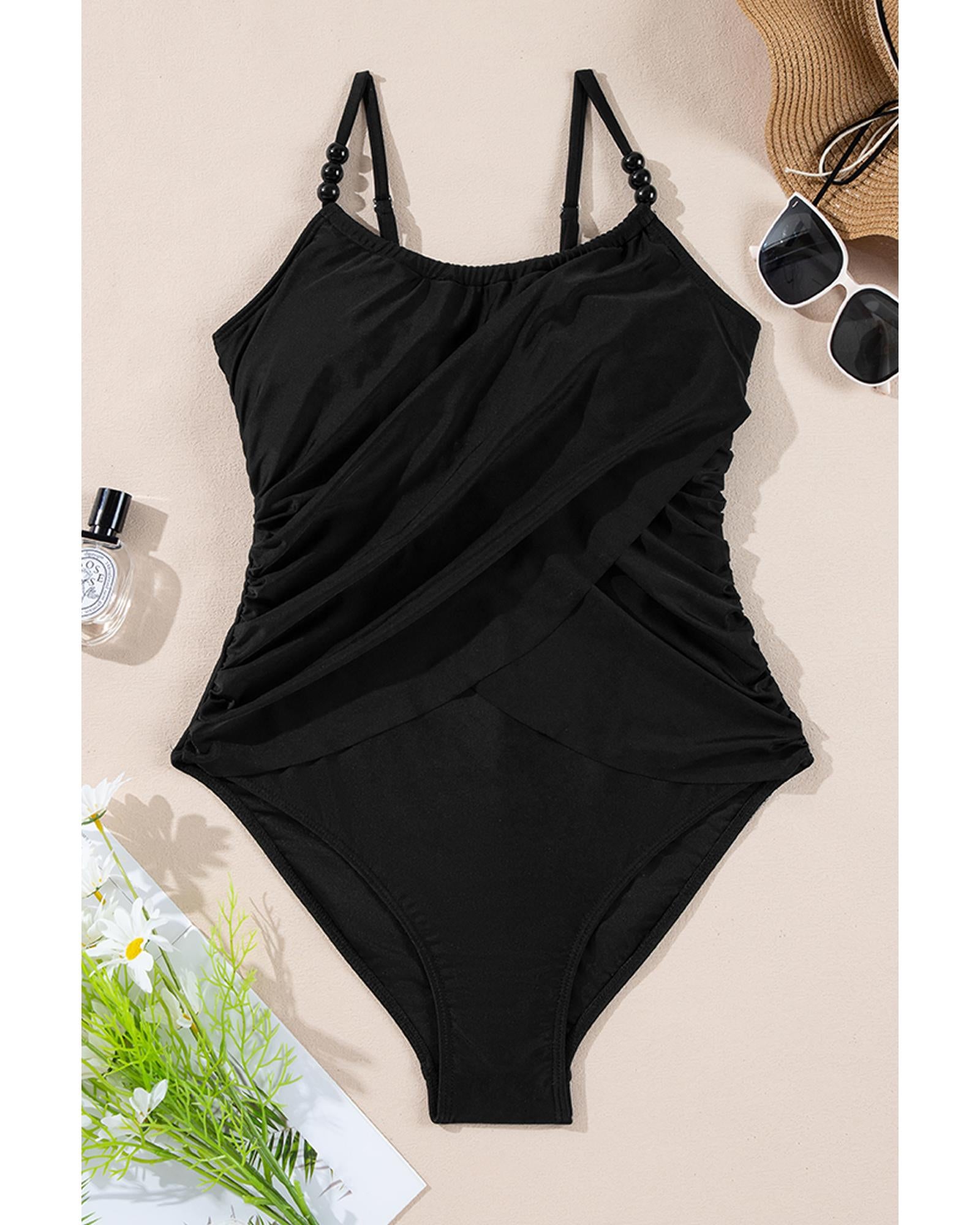Black Beaded Spaghetti Straps Ruched Overlapped Colorblock One Piece Swimsuit - L