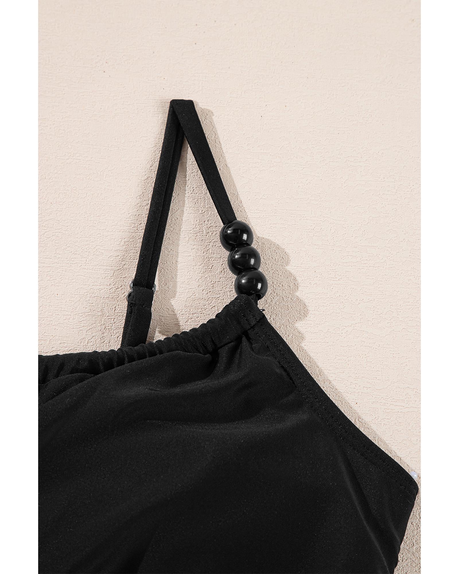 Black Beaded Spaghetti Straps Ruched Overlapped Colorblock One Piece Swimsuit - L