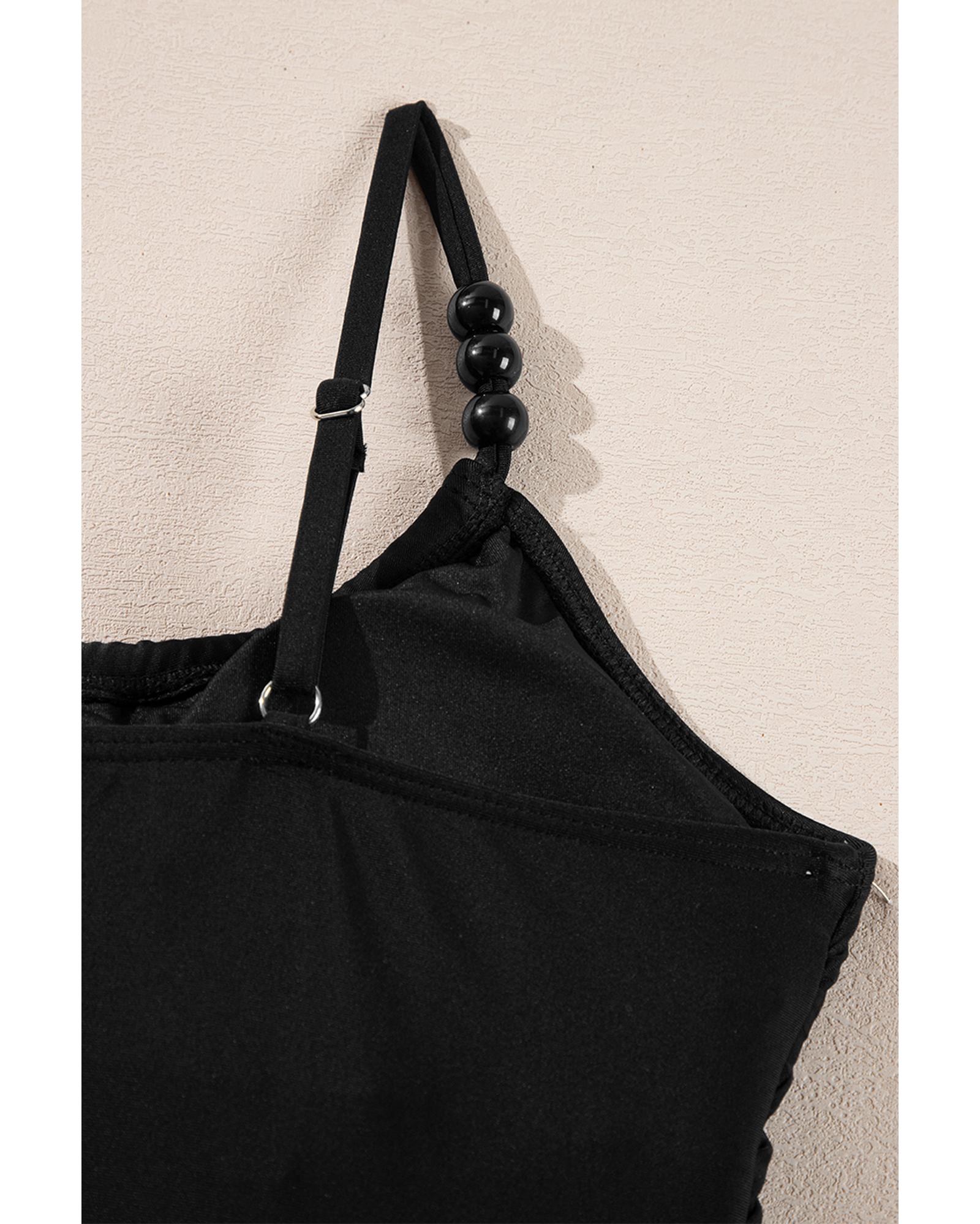 Black Beaded Spaghetti Straps Ruched Overlapped Colorblock One Piece Swimsuit - L