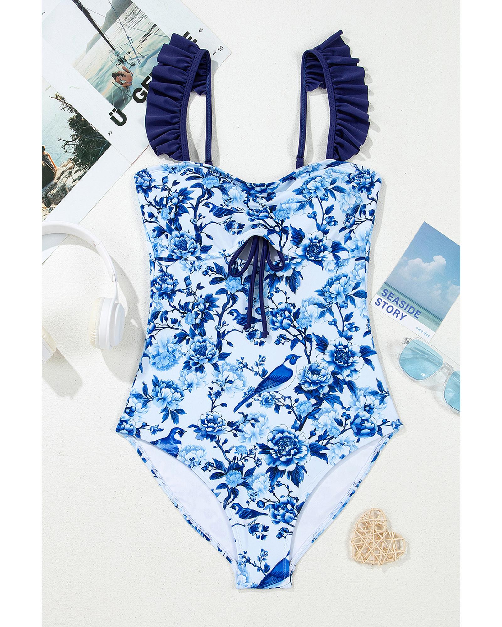 Blue Cutout Ruffled Spaghetti Strap One-Piece Swimwear - XL