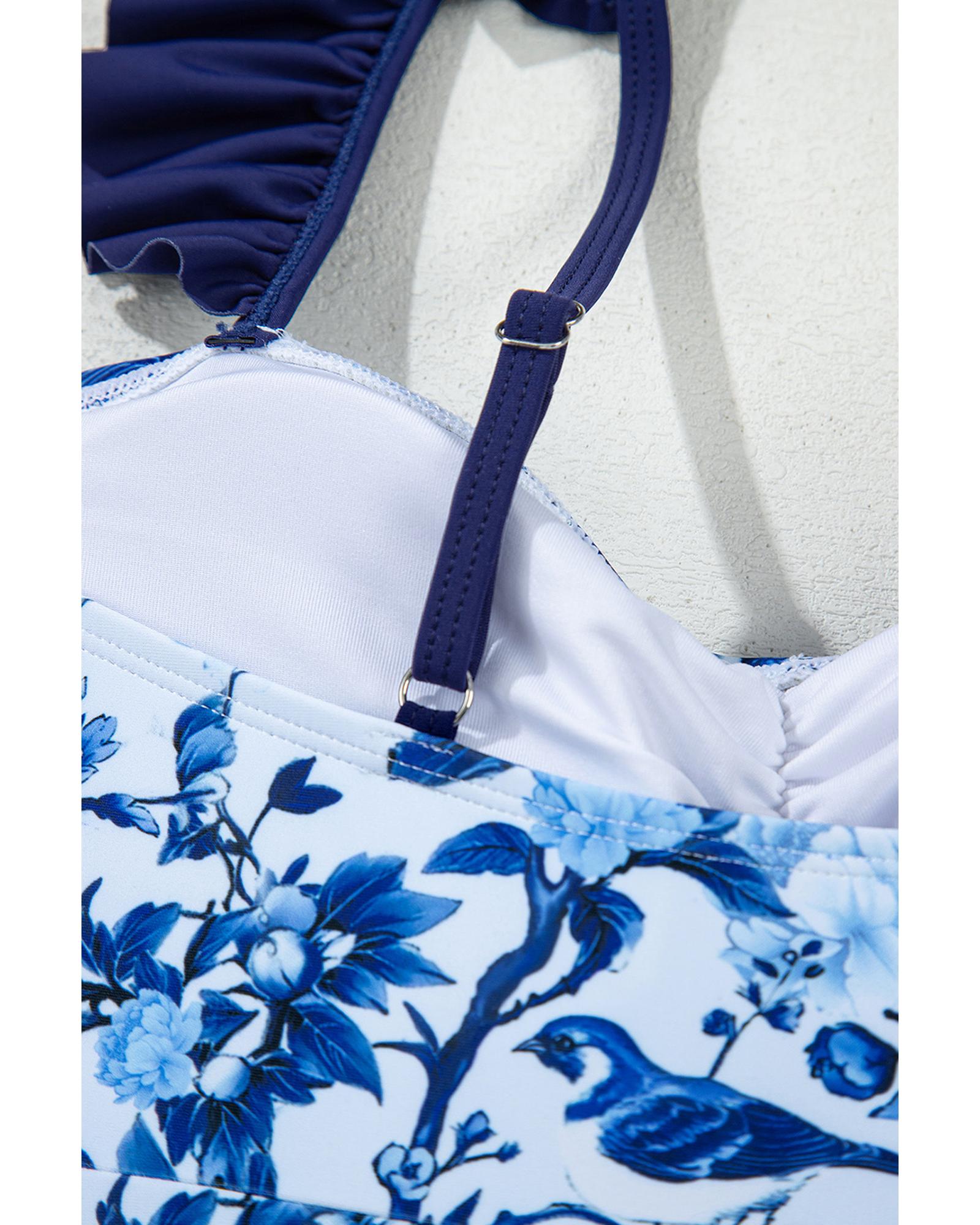 Blue Cutout Ruffled Spaghetti Strap One-Piece Swimwear - XL