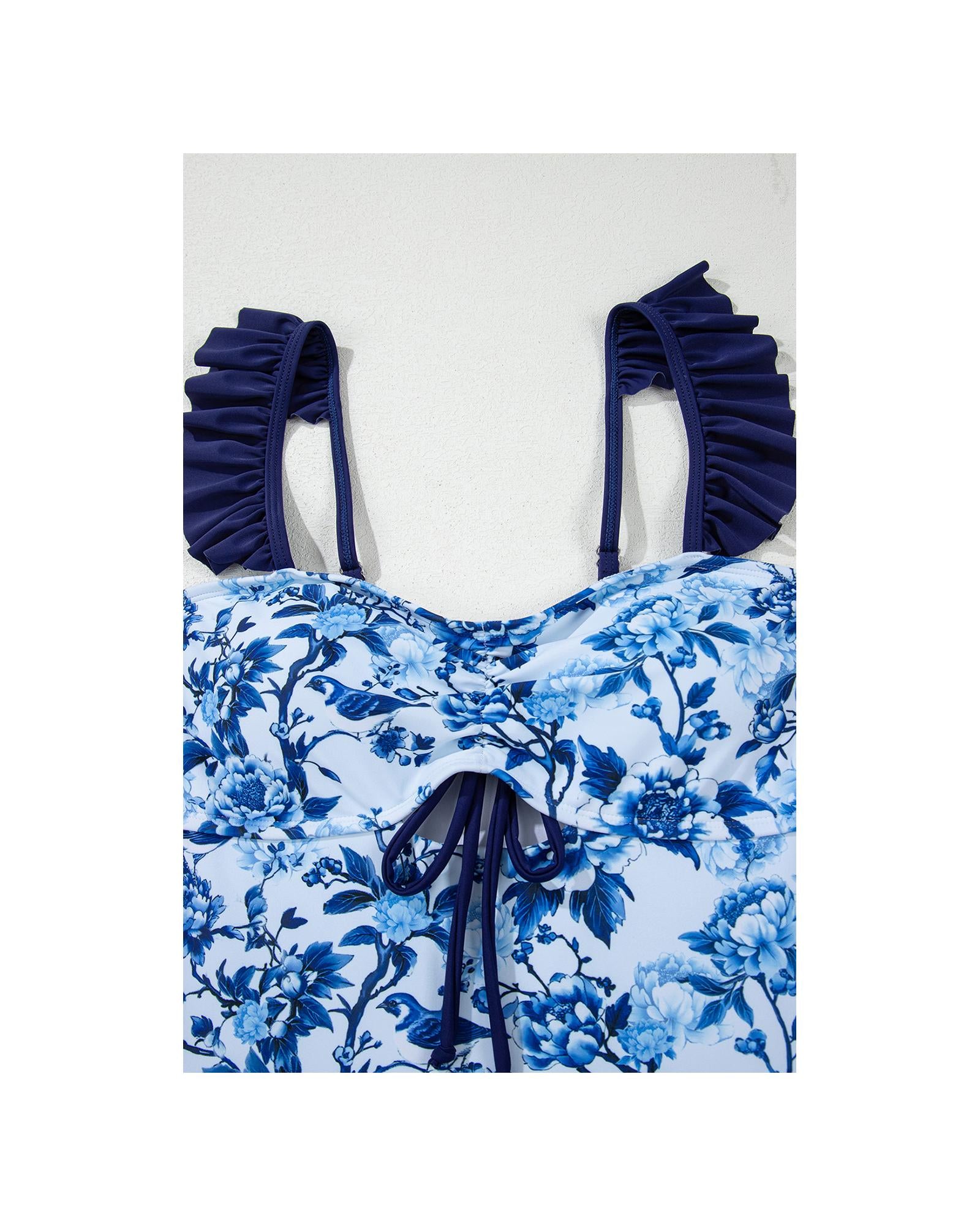 Blue Cutout Ruffled Spaghetti Strap One-Piece Swimwear - XL
