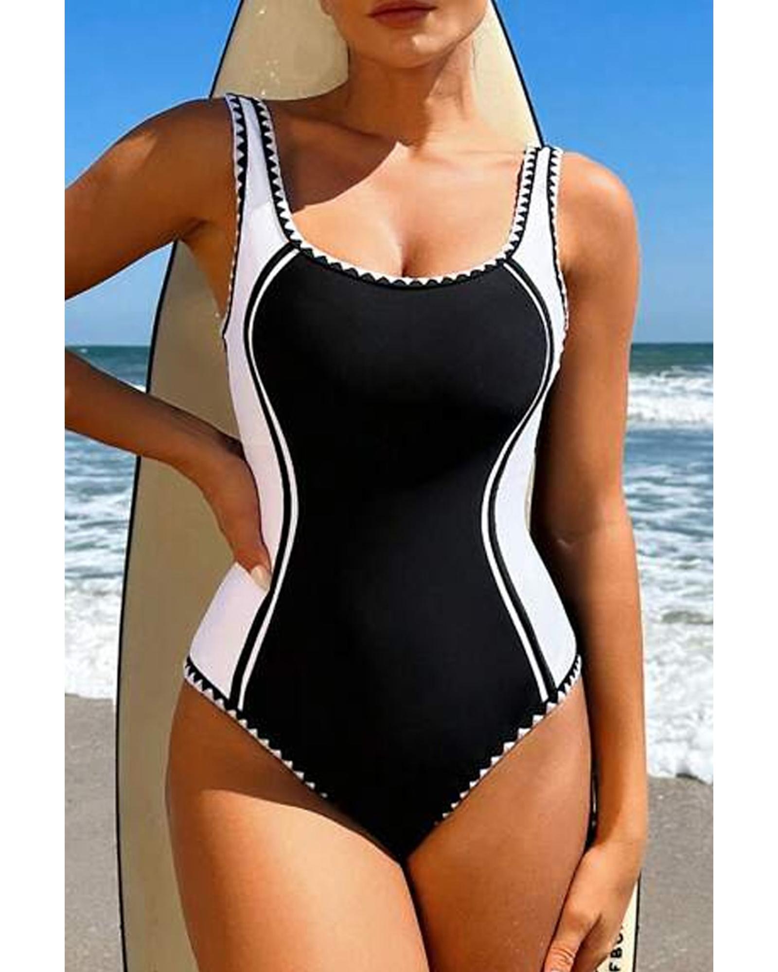 Black Color Block Ric Rac Trim U Neck One Piece Swimsuit - L