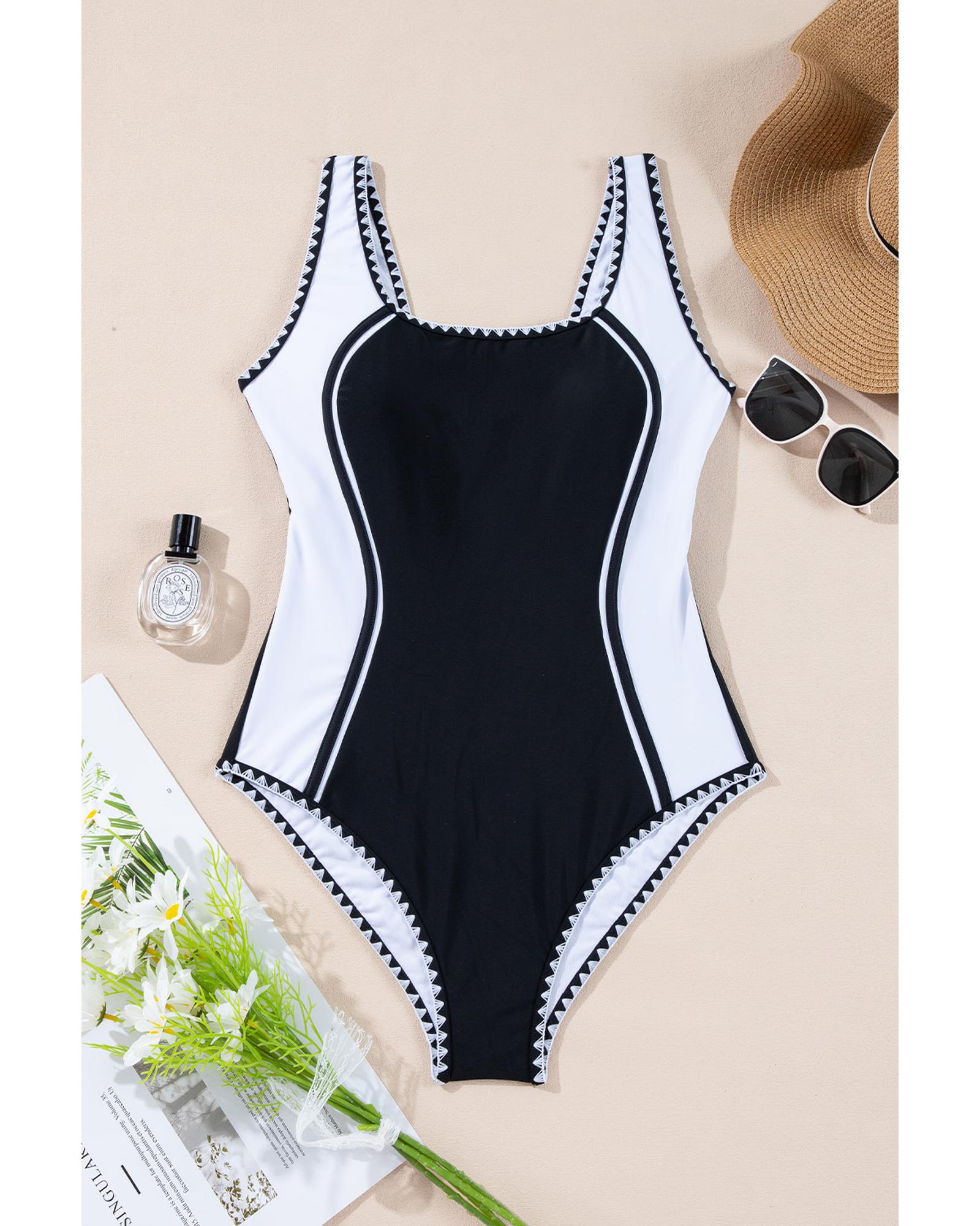 Black Color Block Ric Rac Trim U Neck One Piece Swimsuit - S