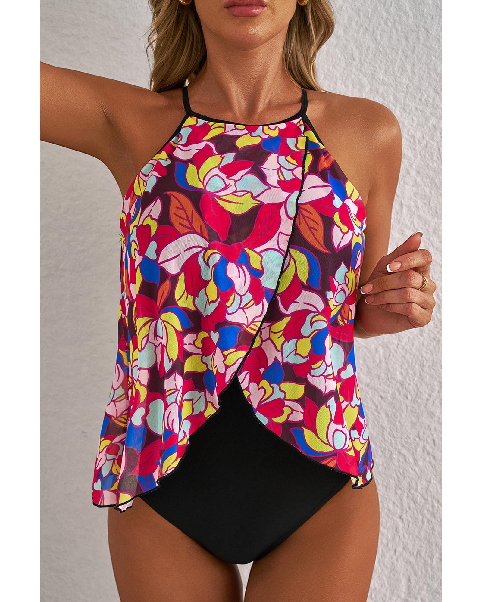 Purple Floral Print O Neck Open Back One Piece Swimsuit - L