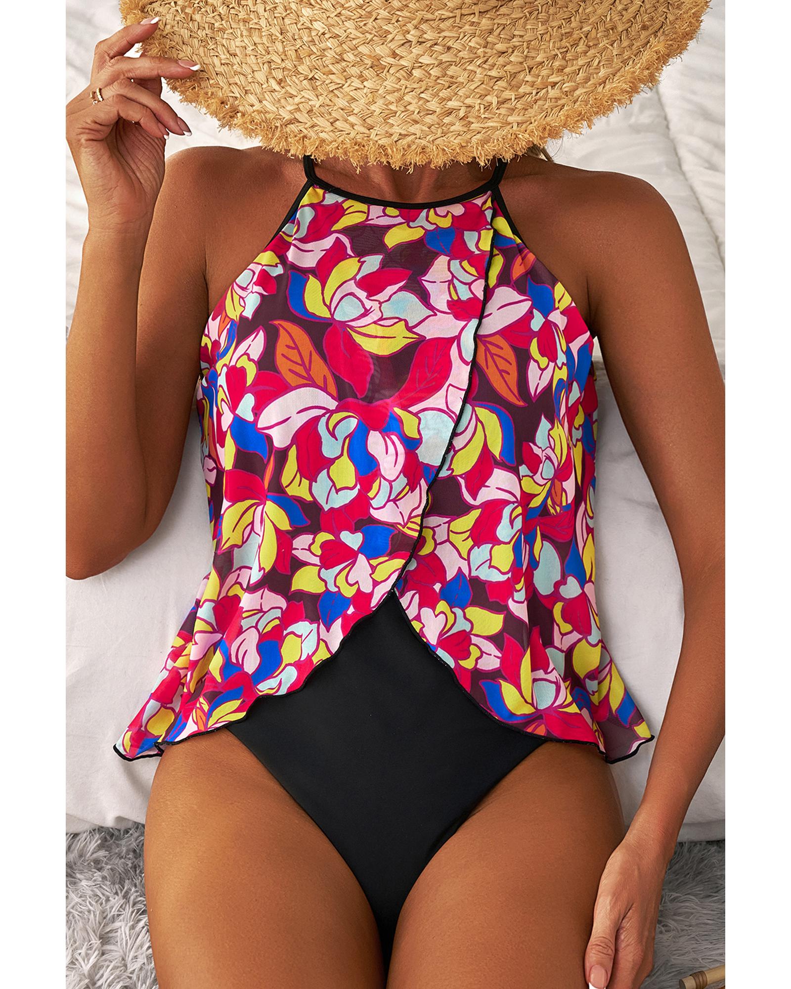 Purple Floral Print O Neck Open Back One Piece Swimsuit - L