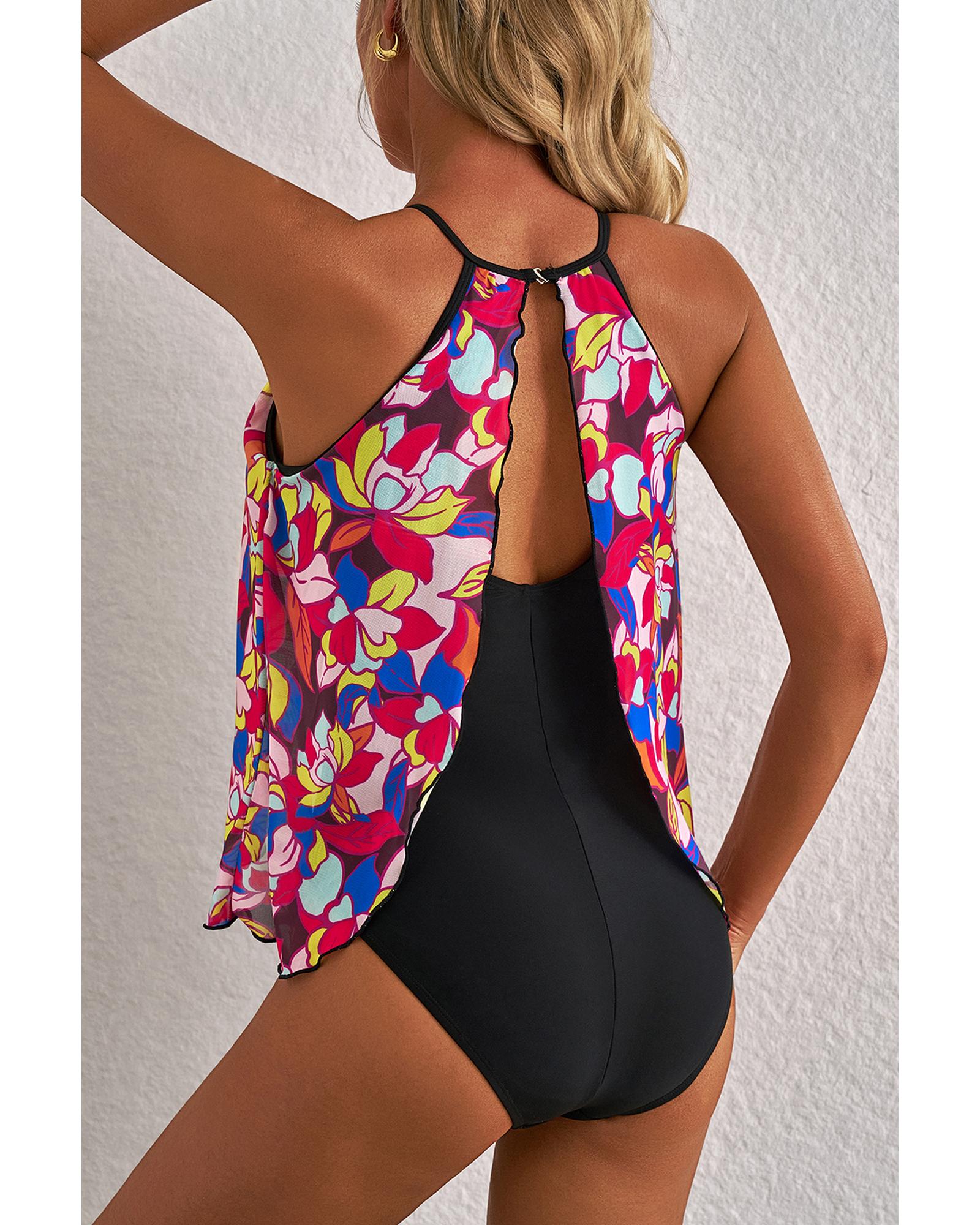 Purple Floral Print O Neck Open Back One Piece Swimsuit - M