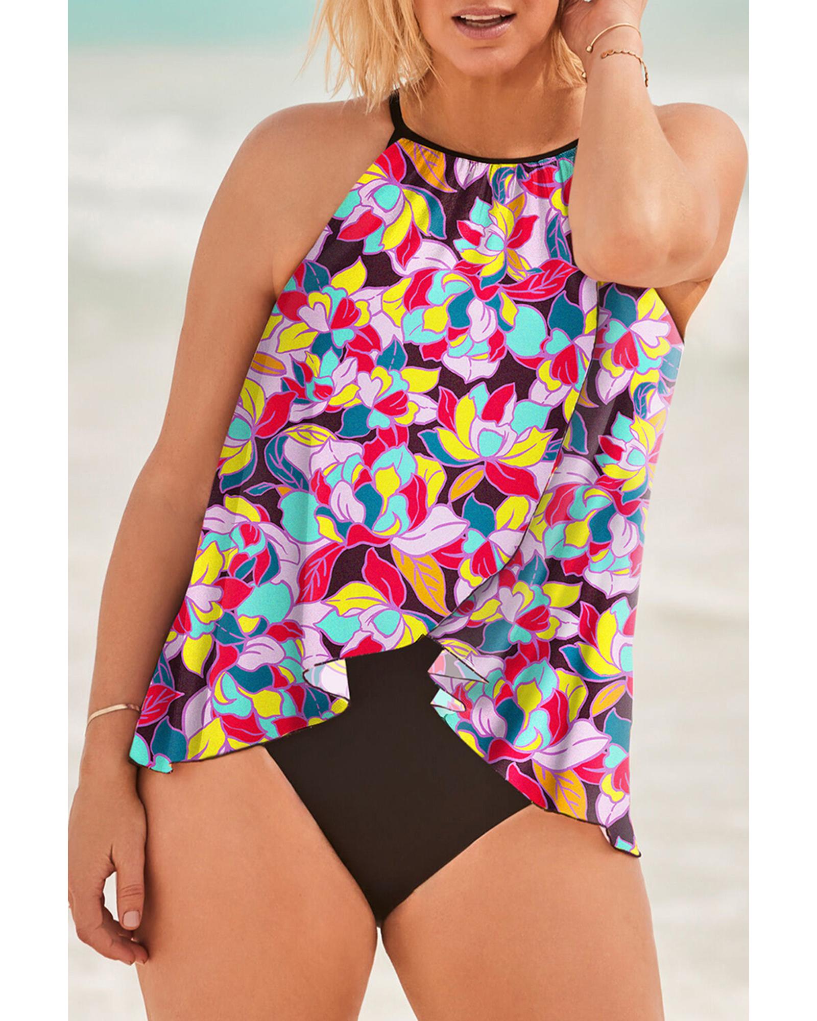 Purple Floral Print O Neck Open Back One Piece Swimsuit - M