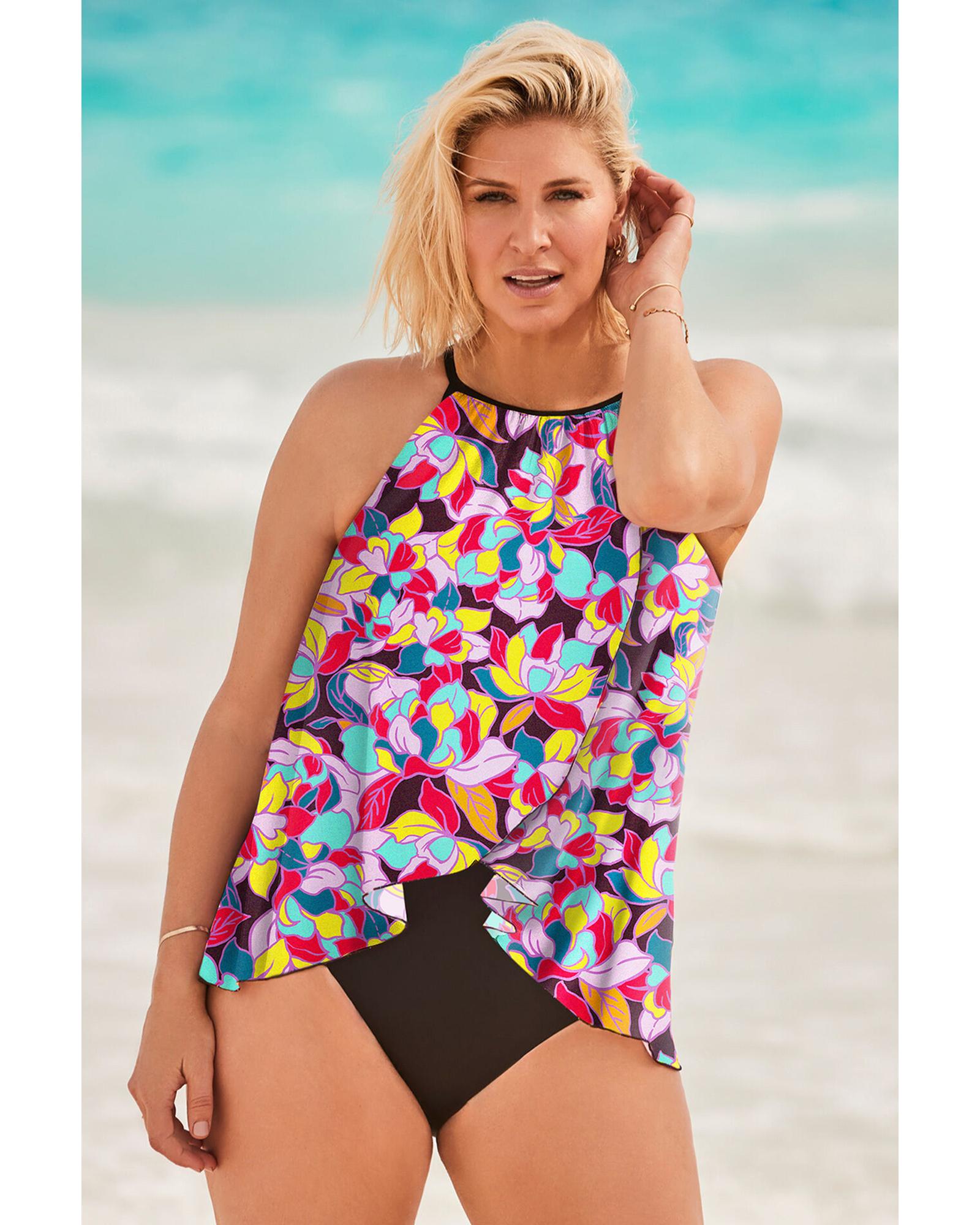 Purple Floral Print O Neck Open Back One Piece Swimsuit - M