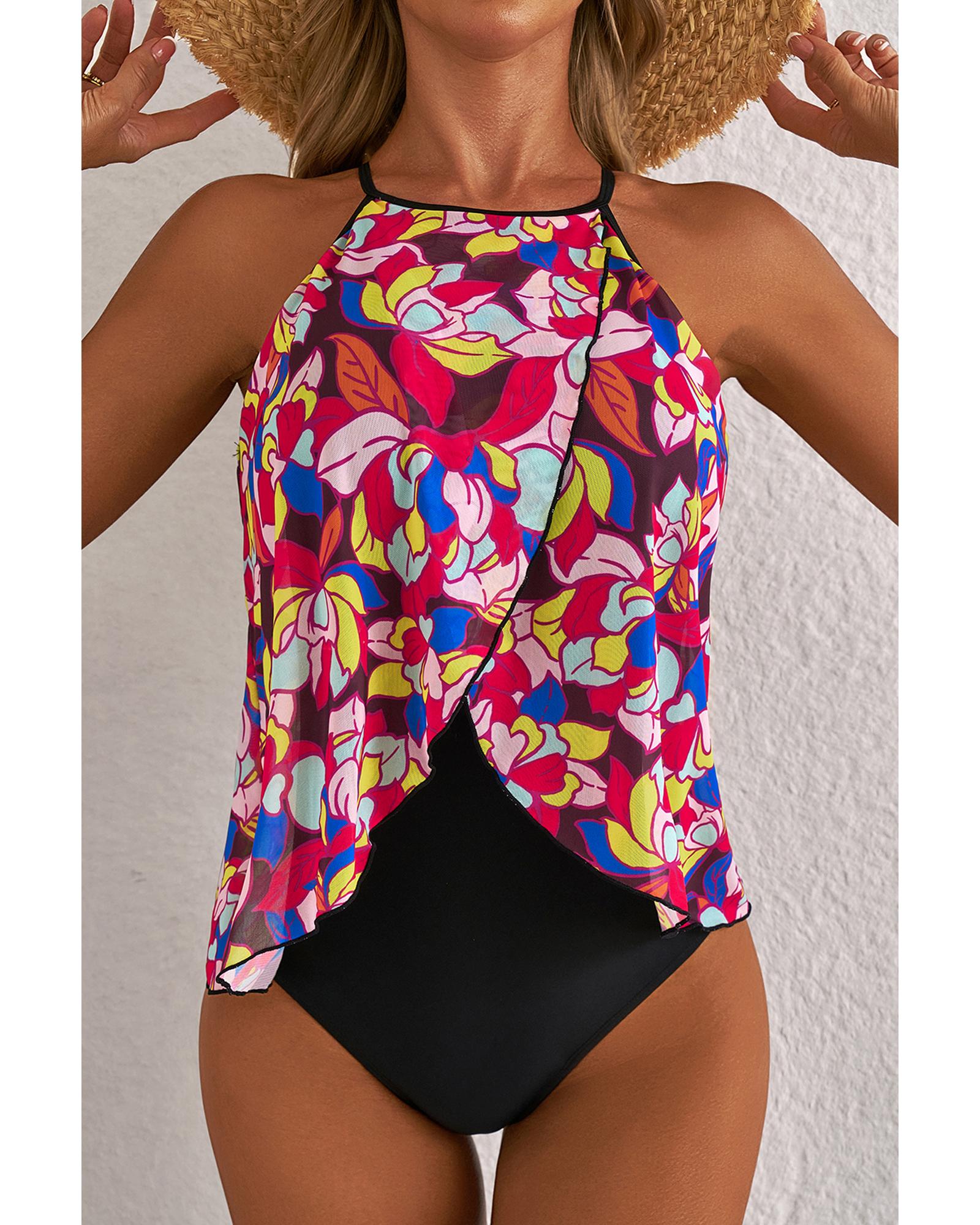 Purple Floral Print O Neck Open Back One Piece Swimsuit - S