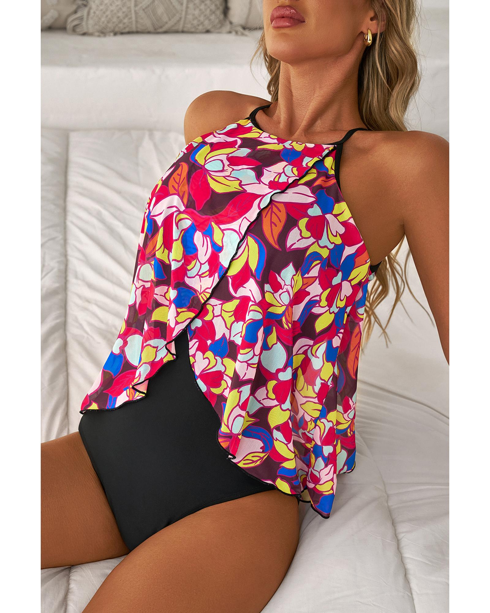 Purple Floral Print O Neck Open Back One Piece Swimsuit - XL