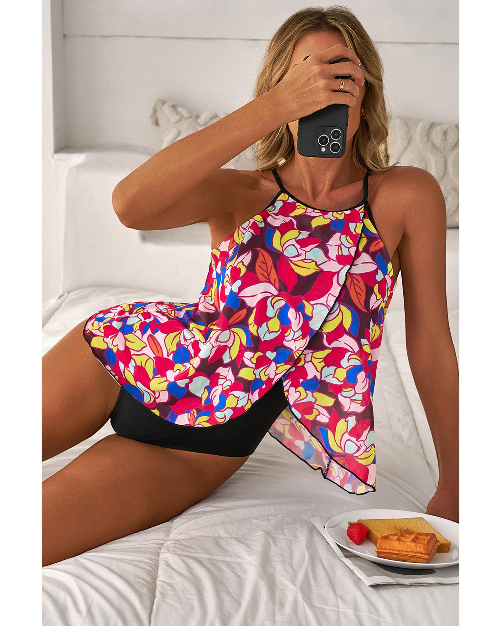 Purple Floral Print O Neck Open Back One Piece Swimsuit - XL