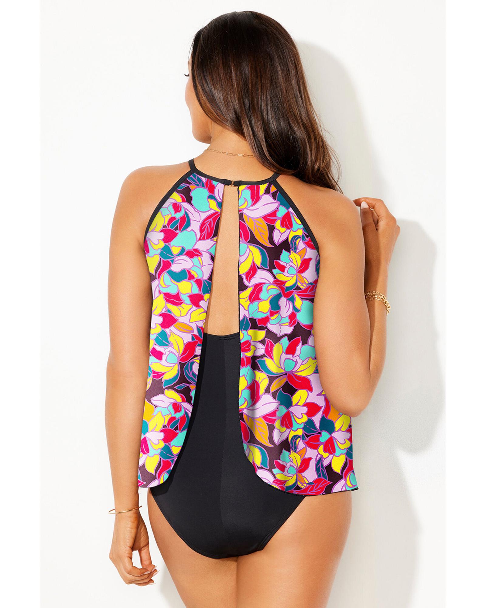 Purple Floral Print O Neck Open Back One Piece Swimsuit - XL