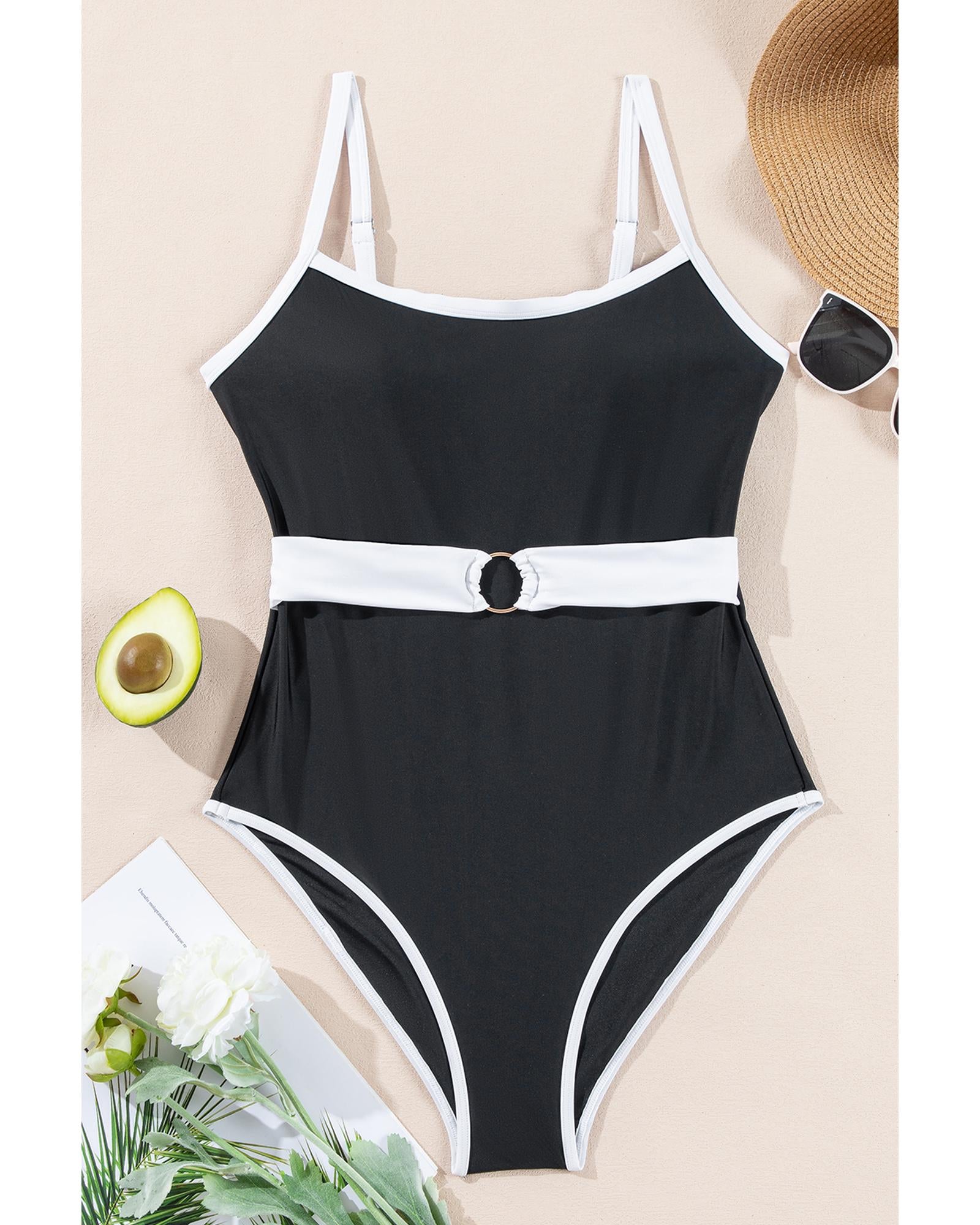Black Contrast Trim Two Tone Belted One Piece Swimsuit - L