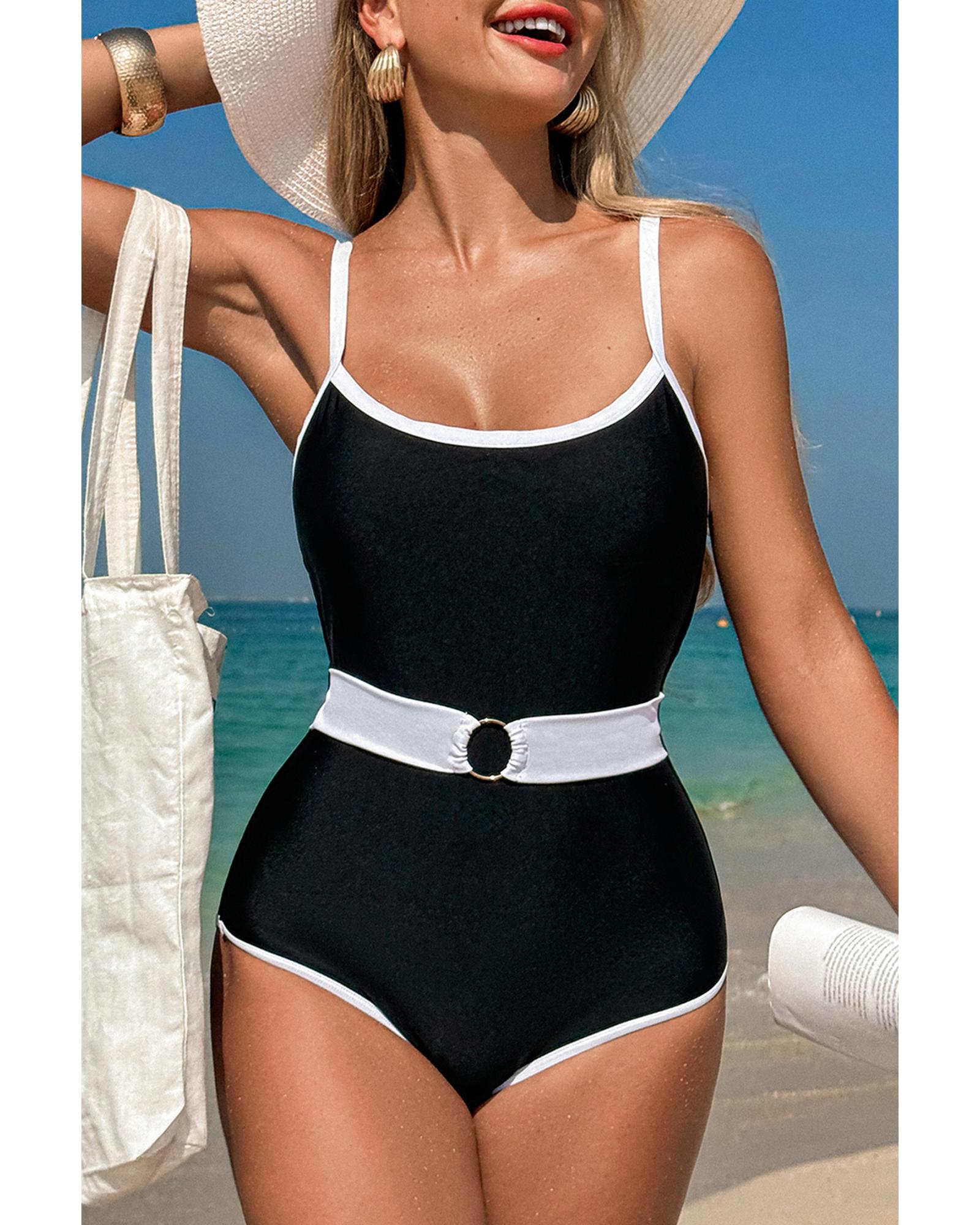Black Contrast Trim Two Tone Belted One Piece Swimsuit - L