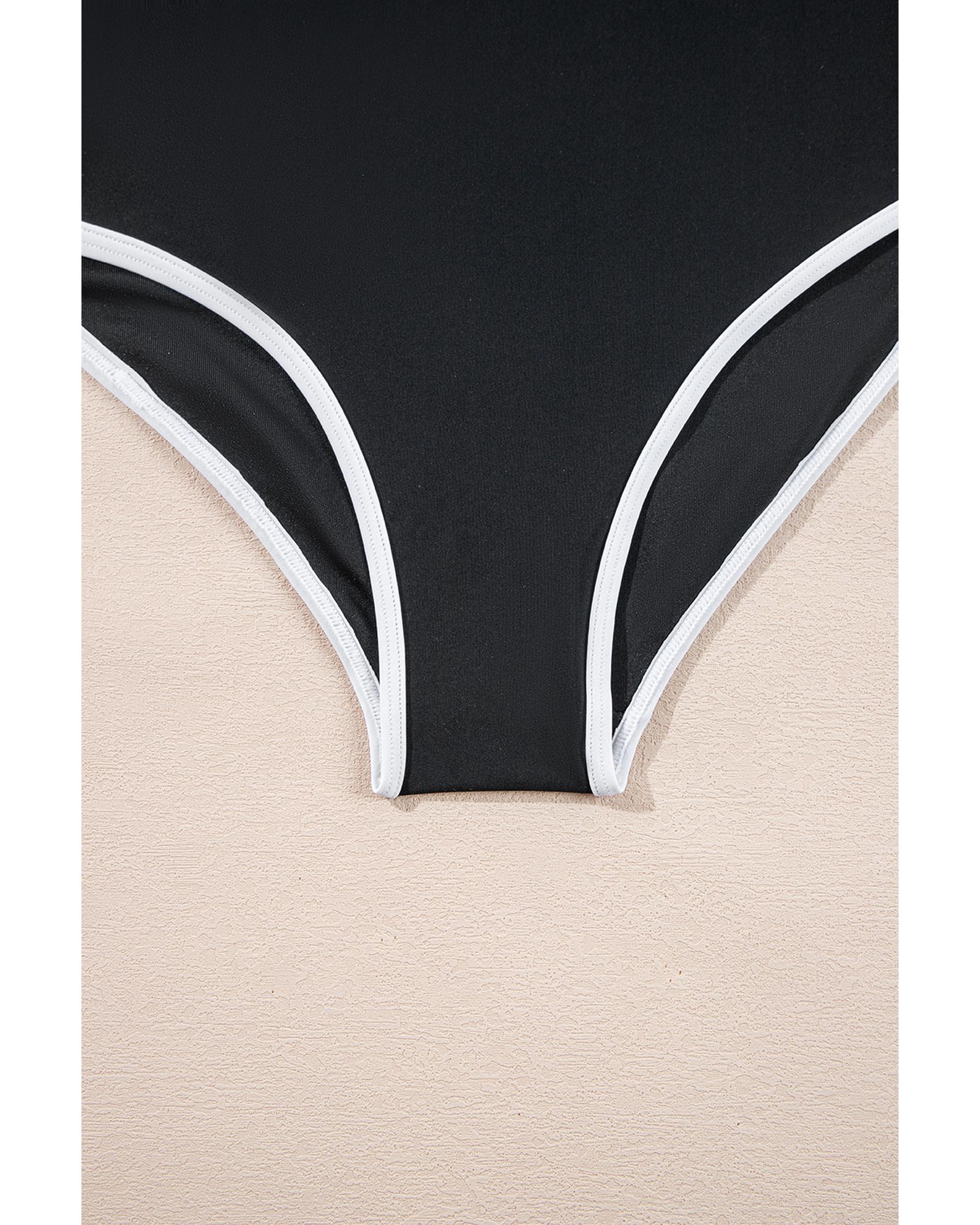 Black Contrast Trim Two Tone Belted One Piece Swimsuit - L