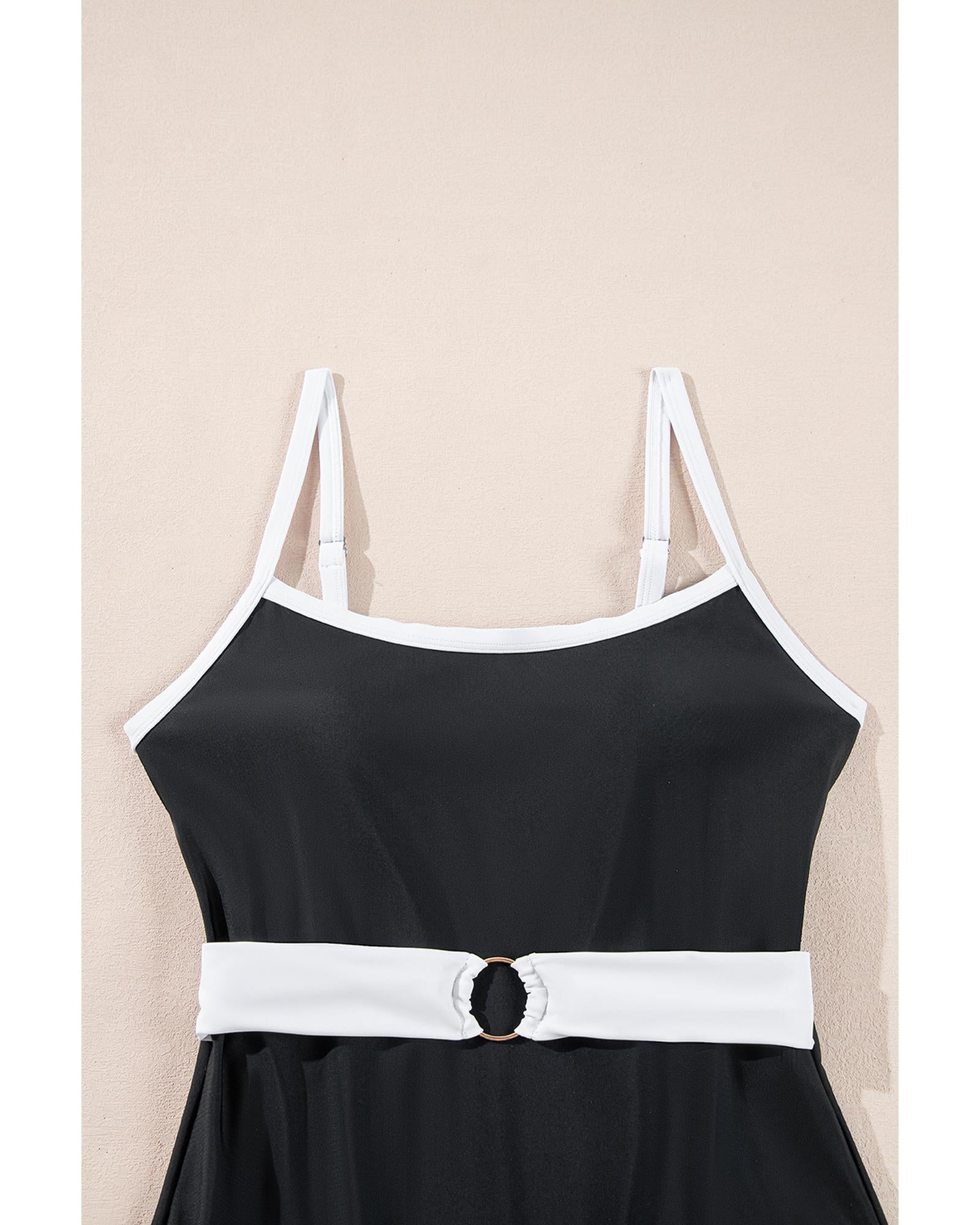 Black Contrast Trim Two Tone Belted One Piece Swimsuit - M