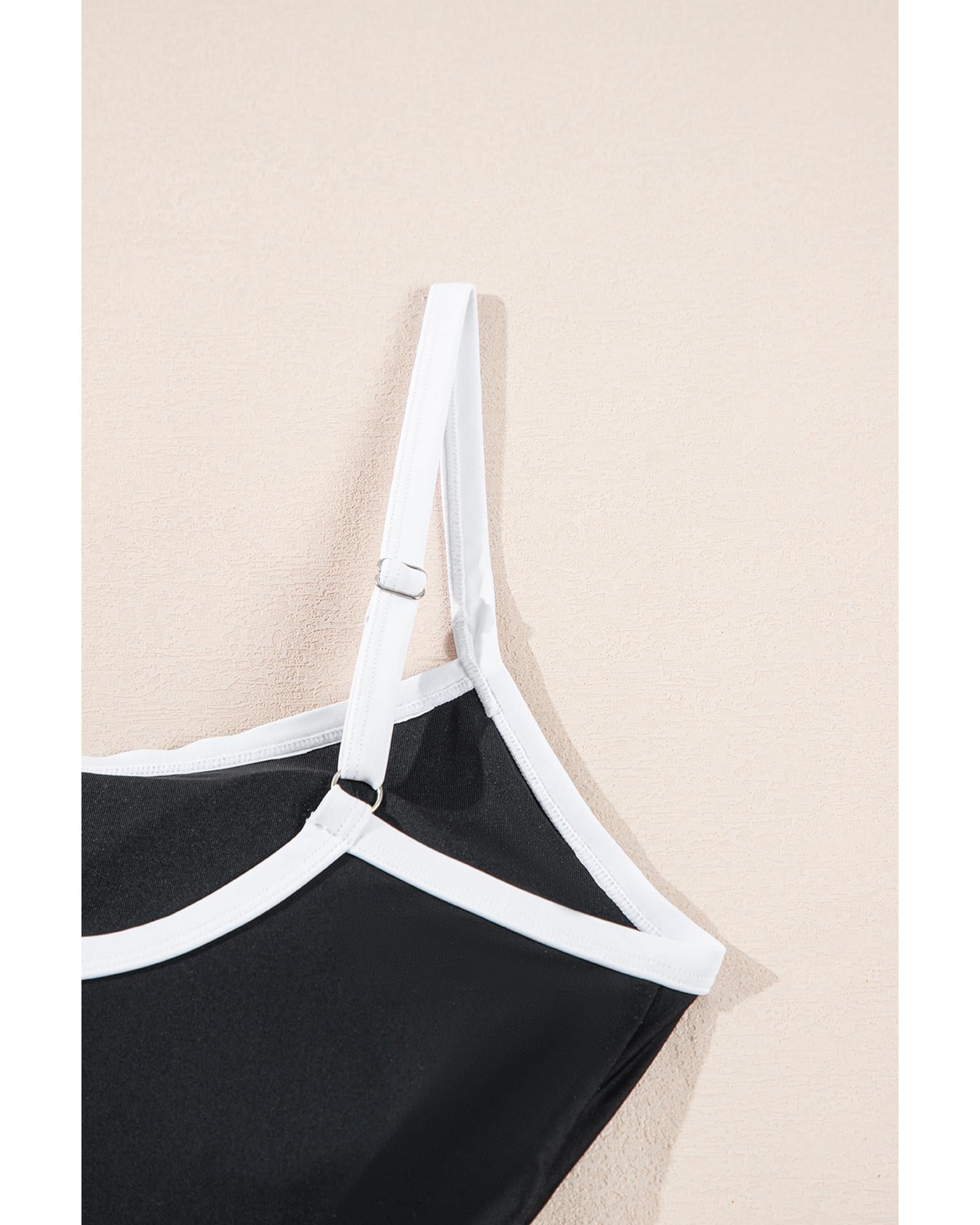 Black Contrast Trim Two Tone Belted One Piece Swimsuit - S