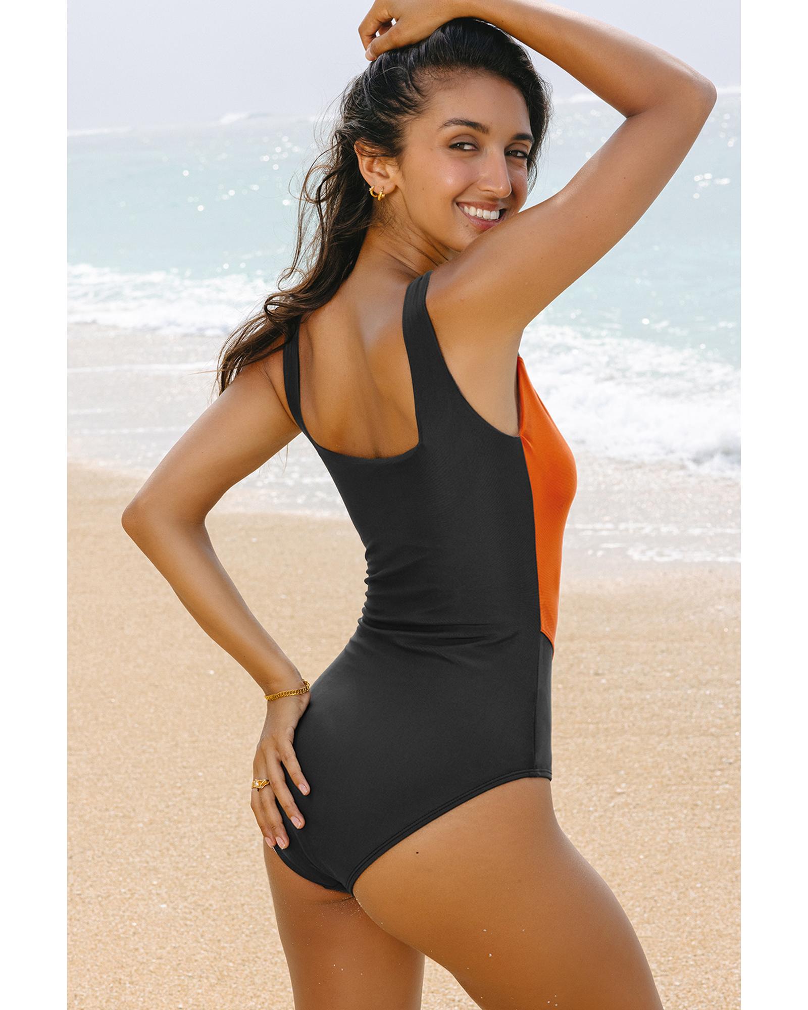 Duffel Green Color Block Padded Square Neck One Piece Swimsuit - L