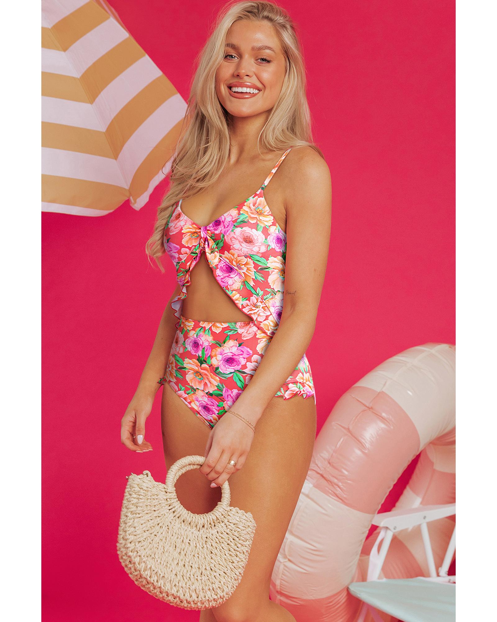 Red Floral Ruffle Trim Cutout Knotted One Piece Swimsuit - 2XL