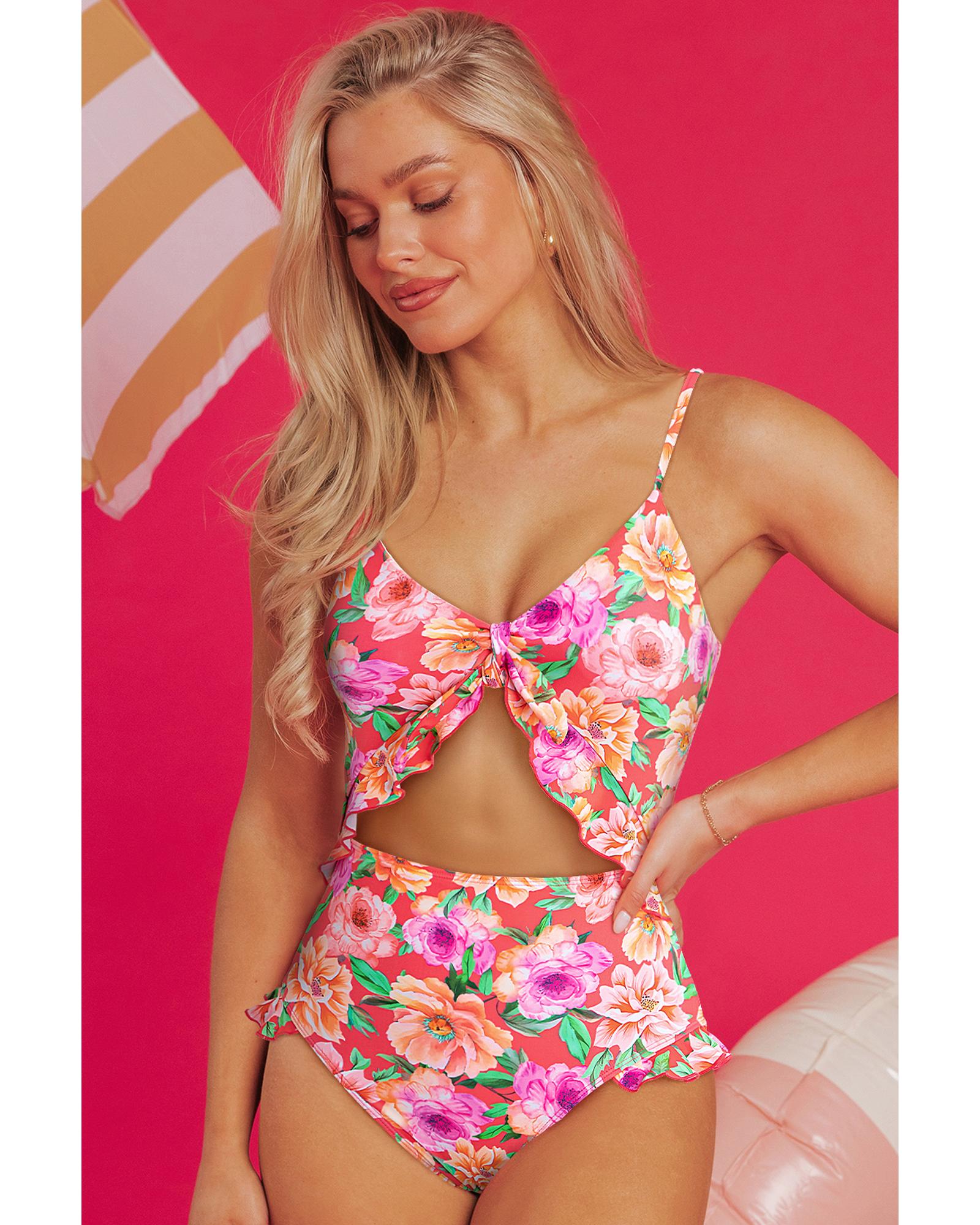 Red Floral Ruffle Trim Cutout Knotted One Piece Swimsuit - XL