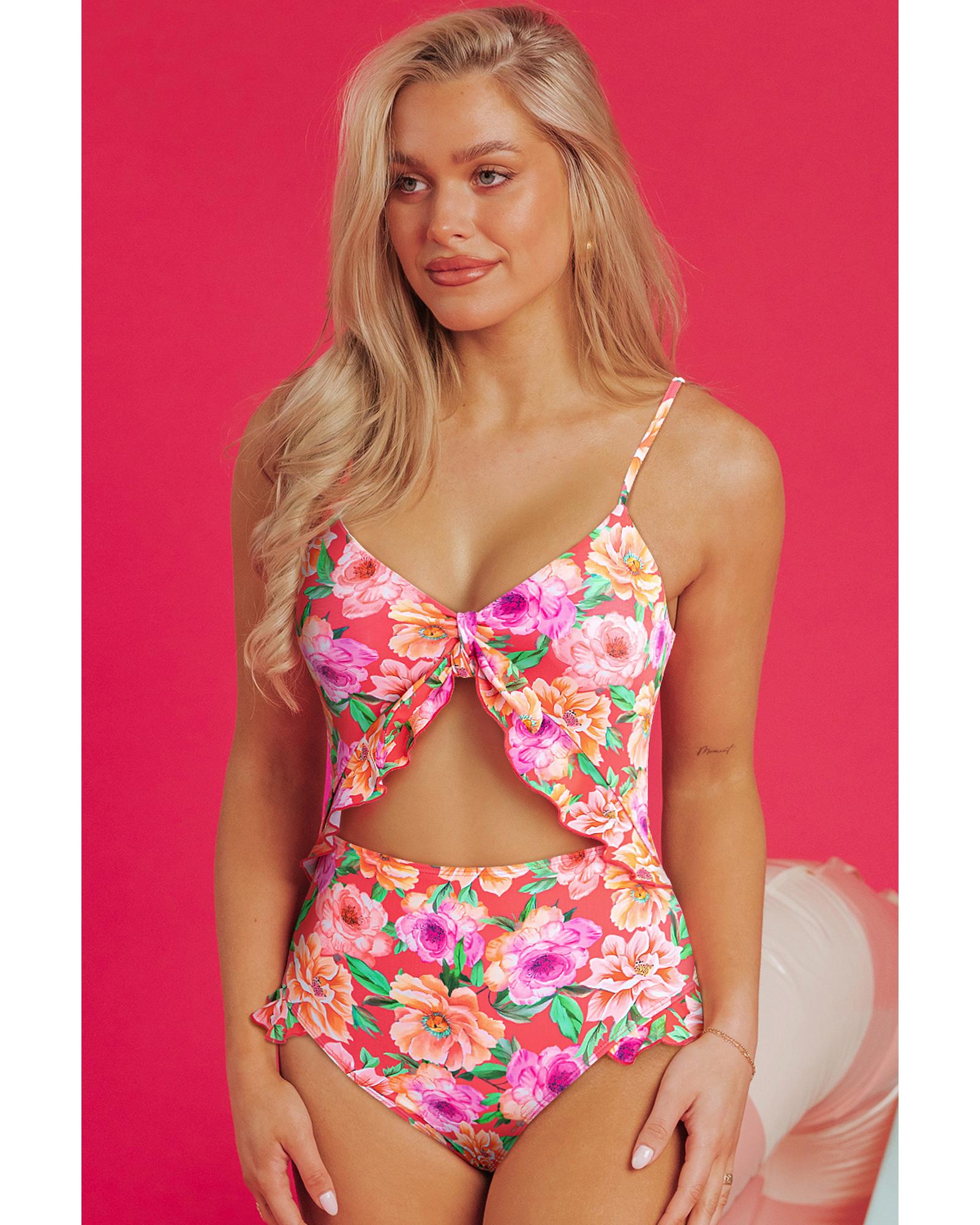 Red Floral Ruffle Trim Cutout Knotted One Piece Swimsuit - XL