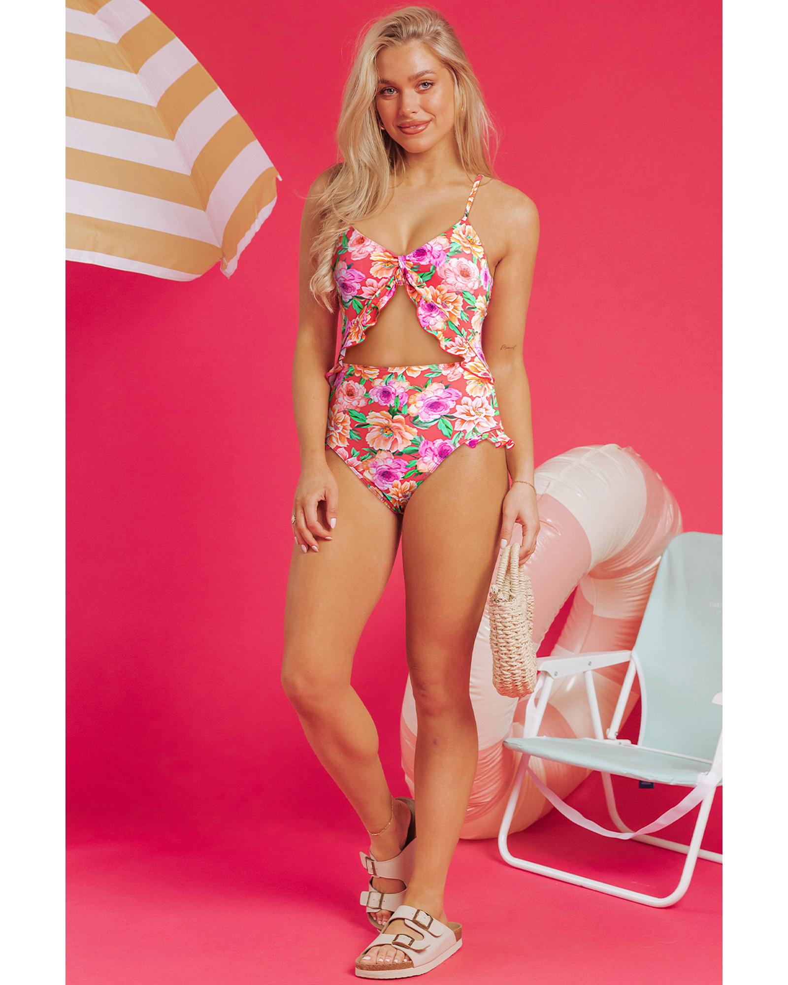 Red Floral Ruffle Trim Cutout Knotted One Piece Swimsuit - XL