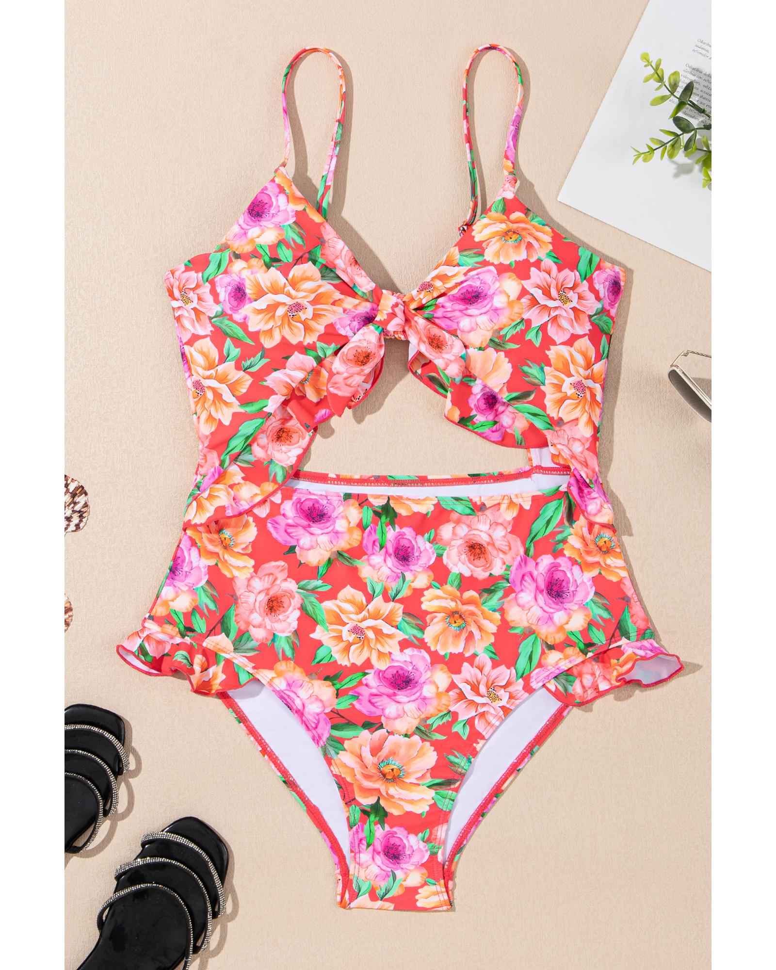 Red Floral Ruffle Trim Cutout Knotted One Piece Swimsuit - XL