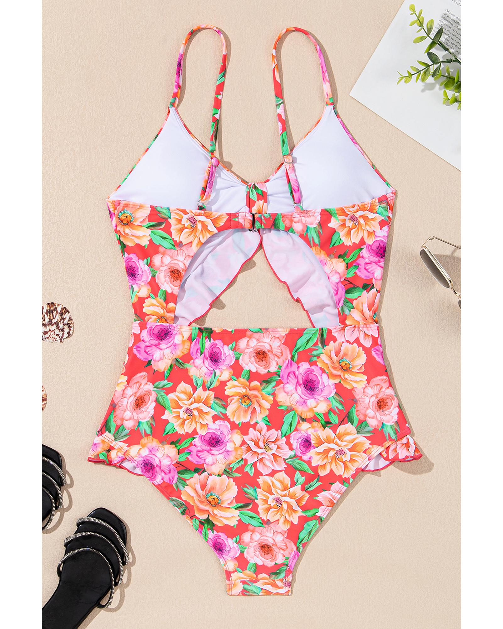 Red Floral Ruffle Trim Cutout Knotted One Piece Swimsuit - XL