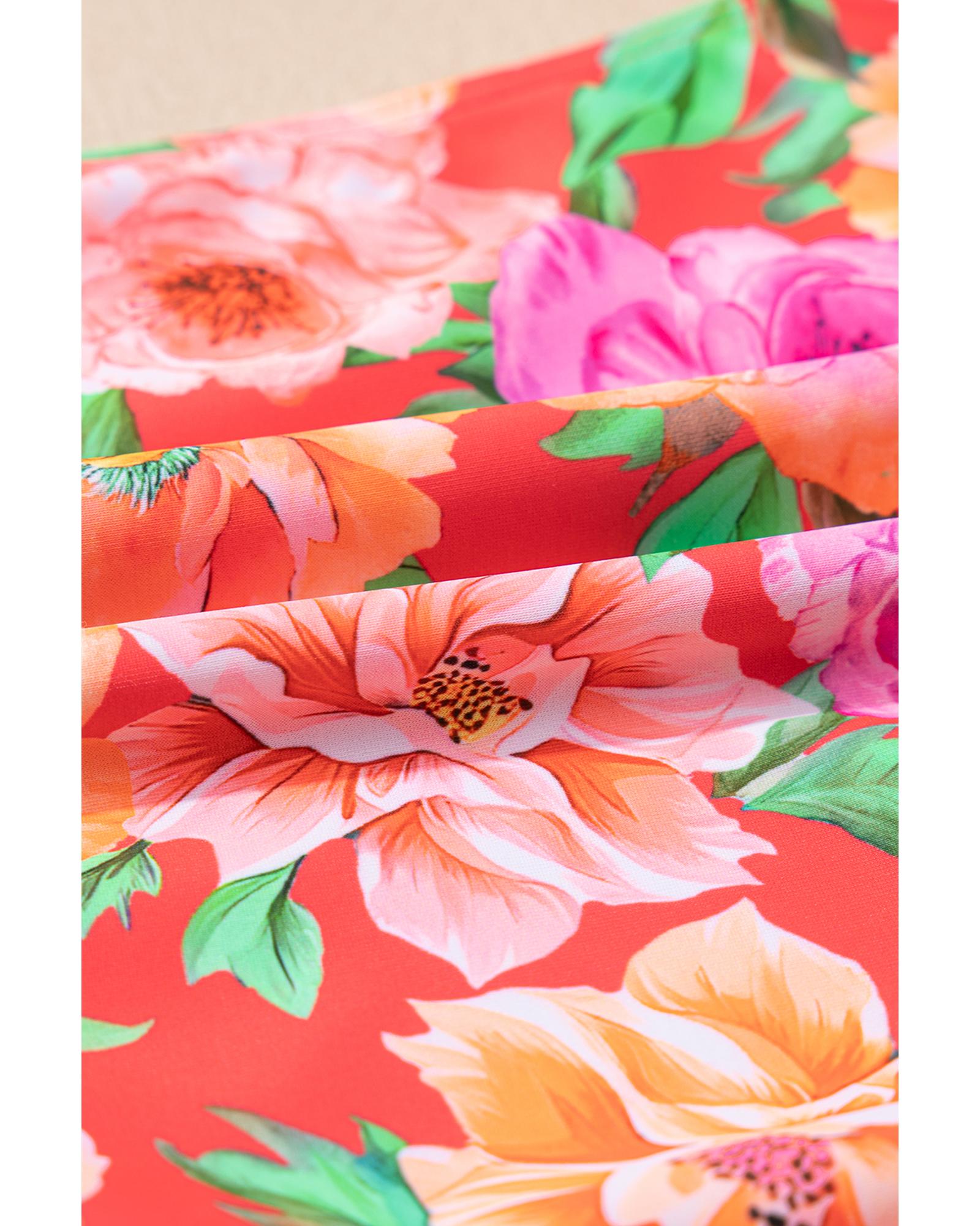 Red Floral Ruffle Trim Cutout Knotted One Piece Swimsuit - XL