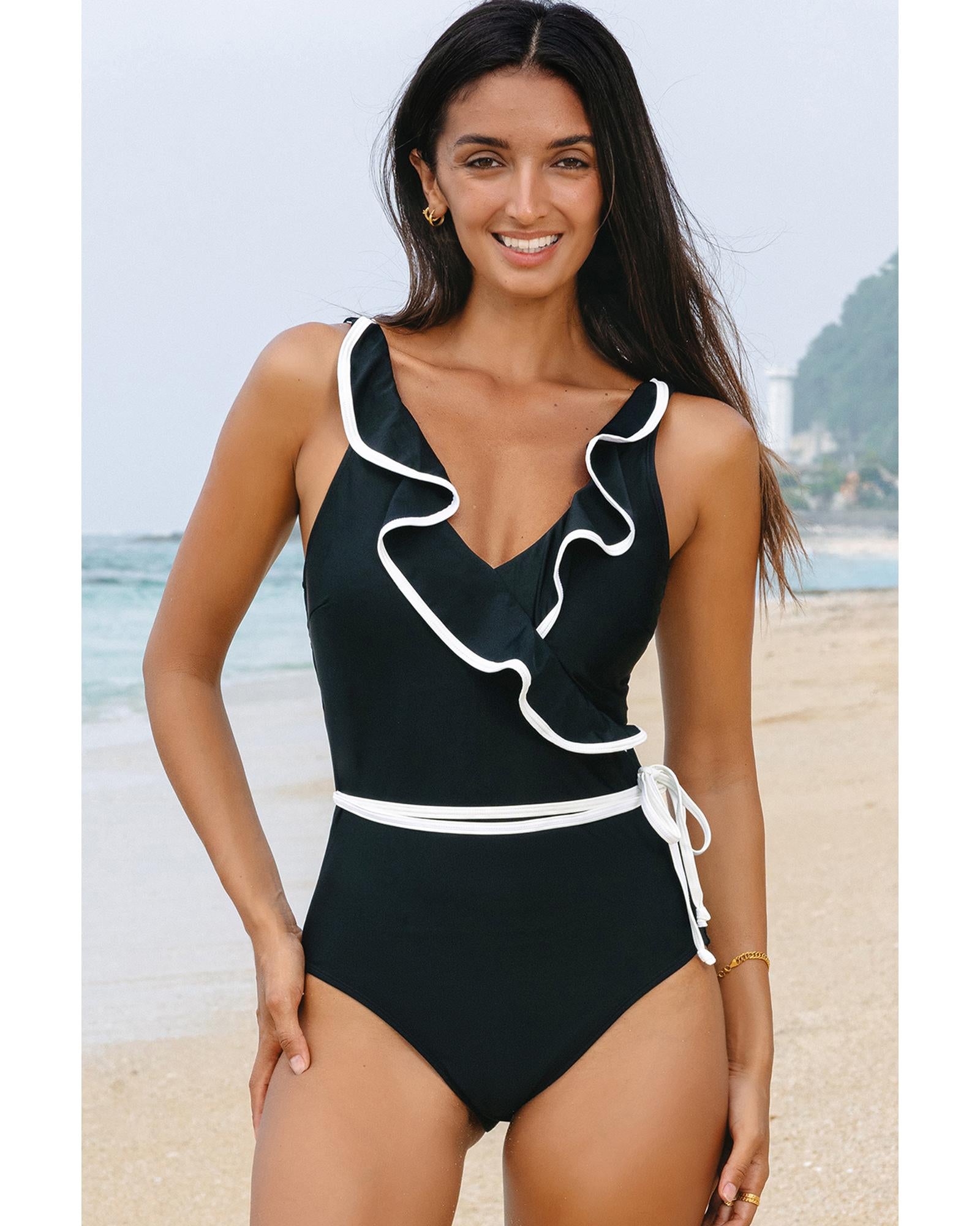 Black Color Contrast Ruffled Wrap V Neck Swimsuit - L