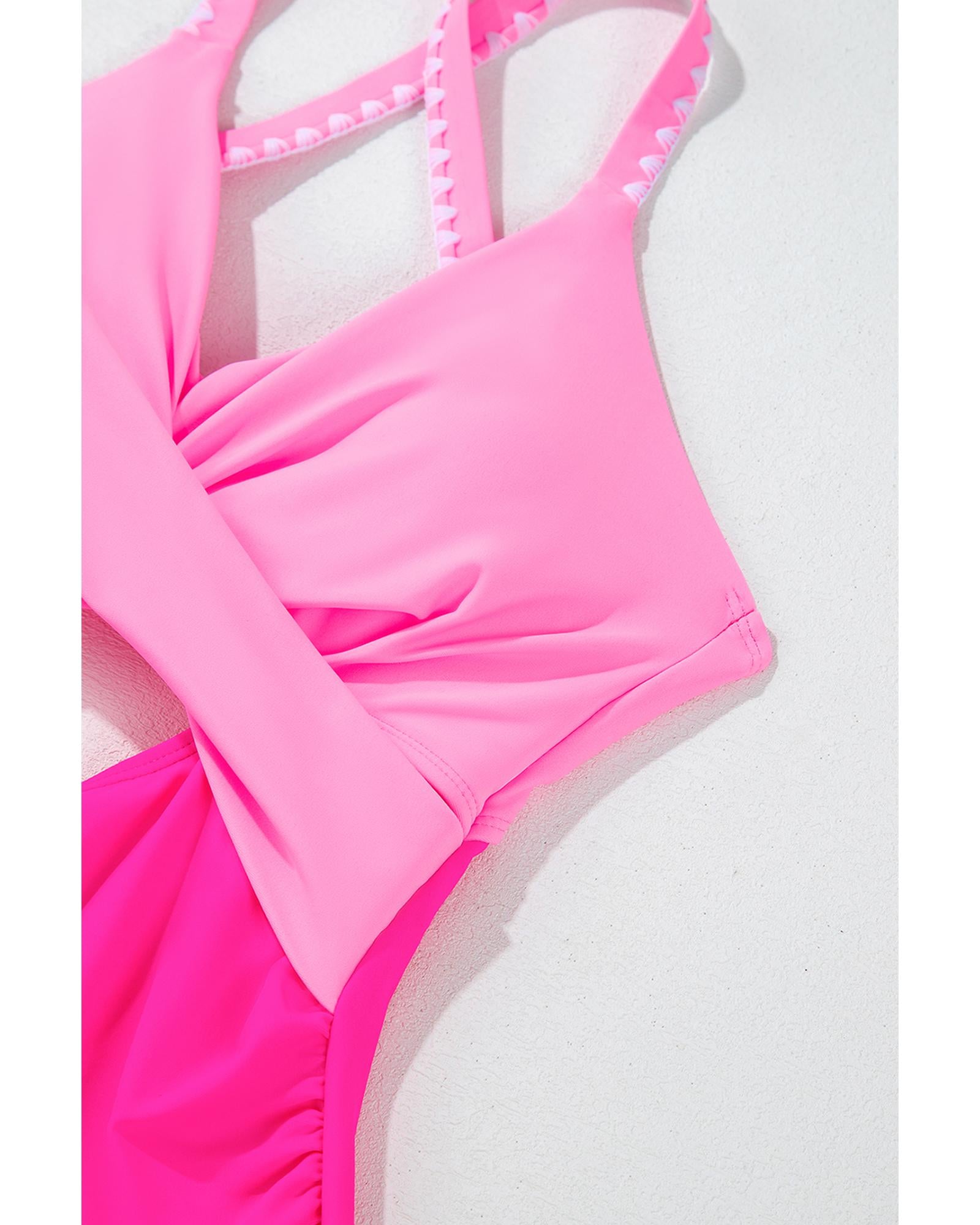 Rose Red Ric Rac Trim Contrasted Patchwork Cutout One Piece Swimsuit - M