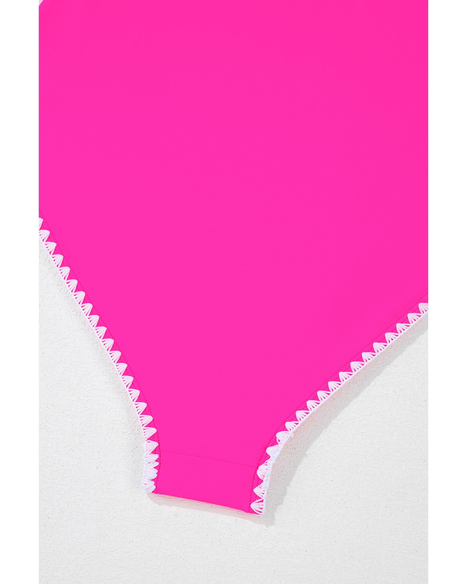 Rose Red Ric Rac Trim Contrasted Patchwork Cutout One Piece Swimsuit - S