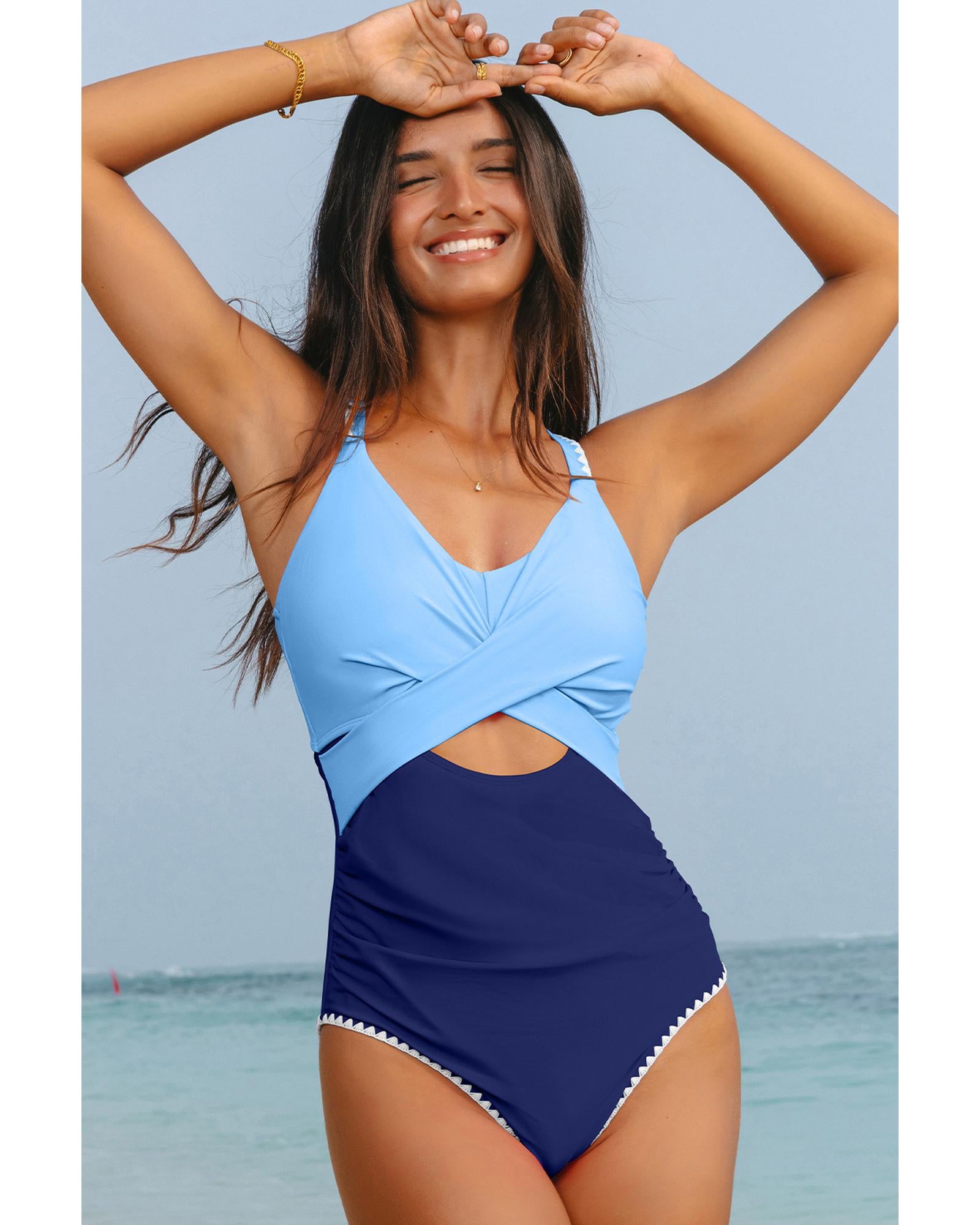 Beau Blue Ric Rac Trim Contrasted Patchwork Cutout One Piece Swimsuit - L