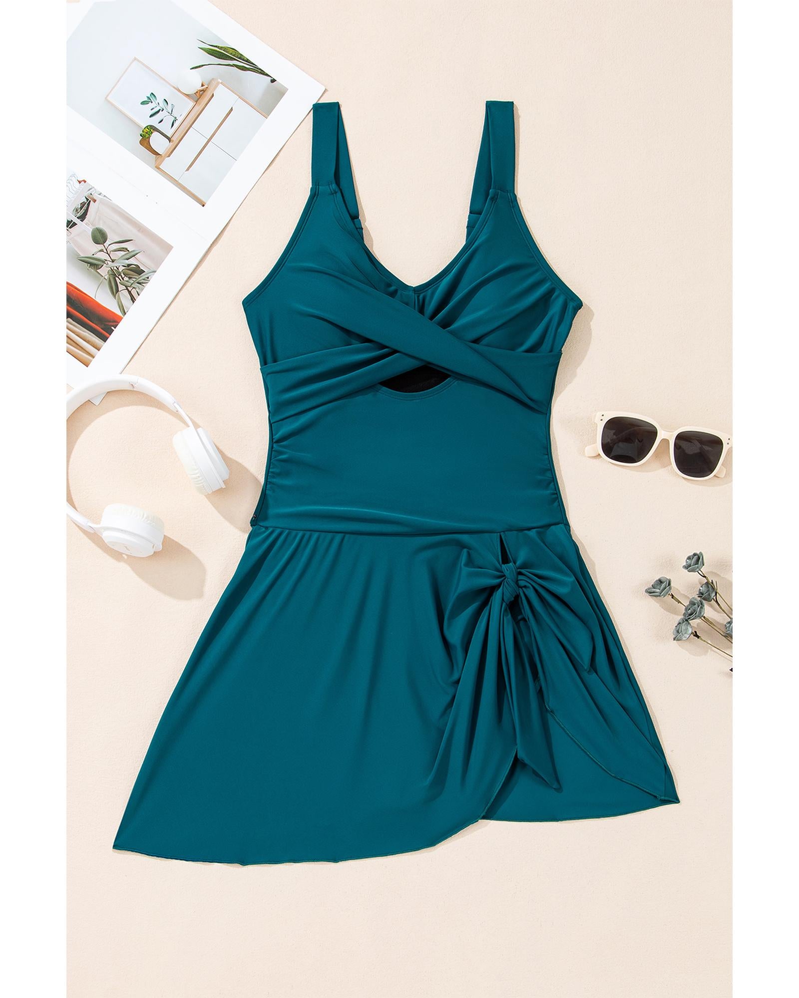 Sea Green Adjustable Straps Cutout Ruched Knot Slit One Piece Swim Dress - S