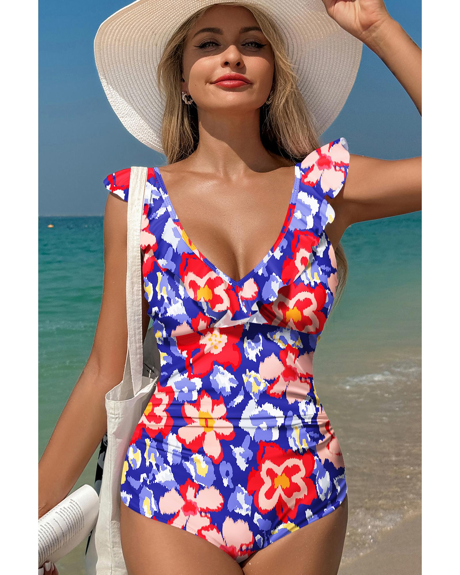 Blue Floral Ruffle Trim V Neck Lace-up Back Tummy Control One Piece Swimsuit - XL