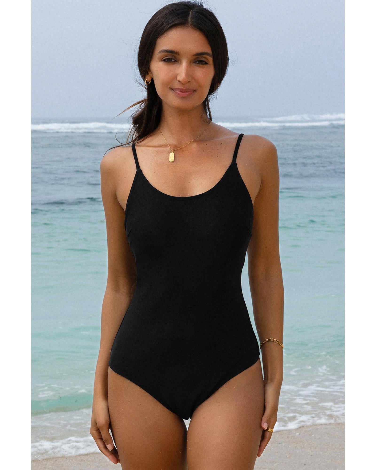 Black Thin Strap Strappy Lace-up Open Back One Piece Swimsuit - L