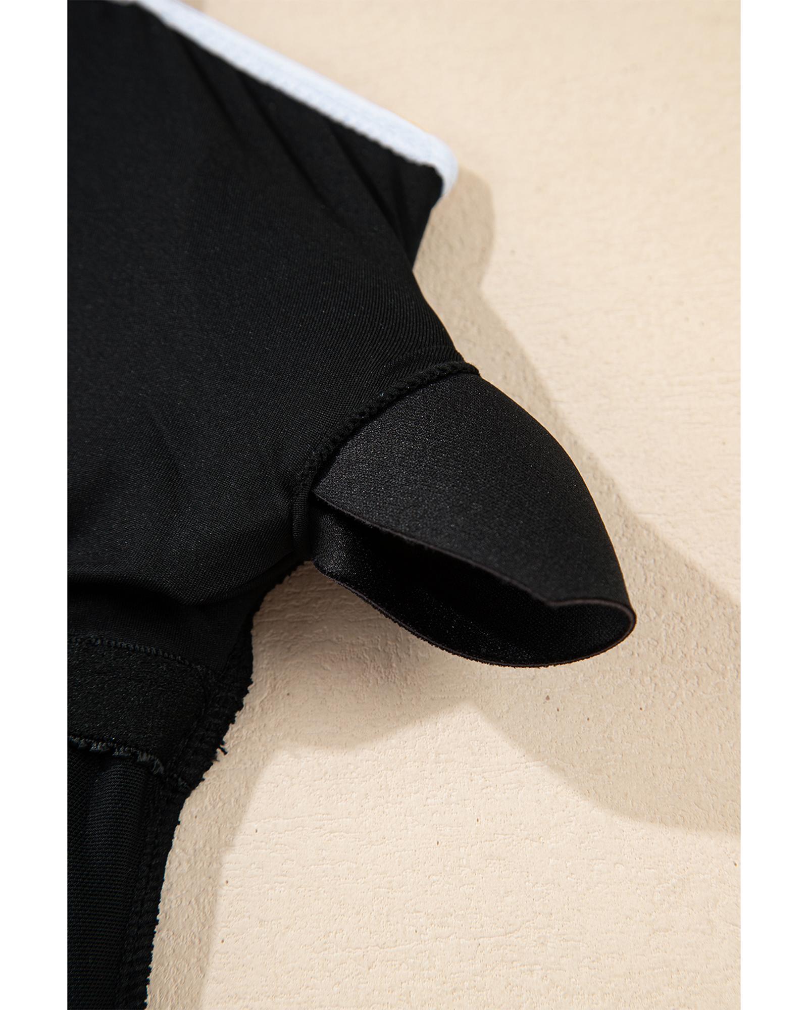 Black Colorblock Edge Belted One Piece Swimsuit - L