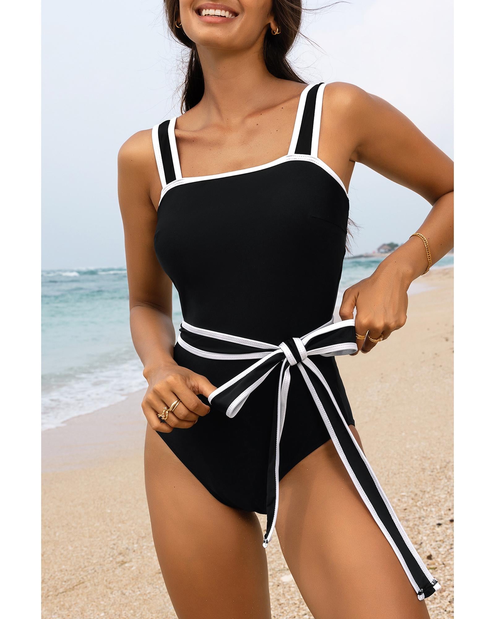Black Colorblock Edge Belted One Piece Swimsuit - M