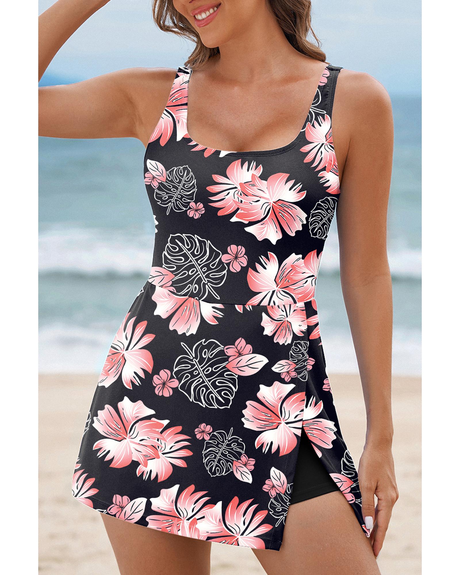 Black Floral Print Twisted Hollowed Back Swim Dress - S